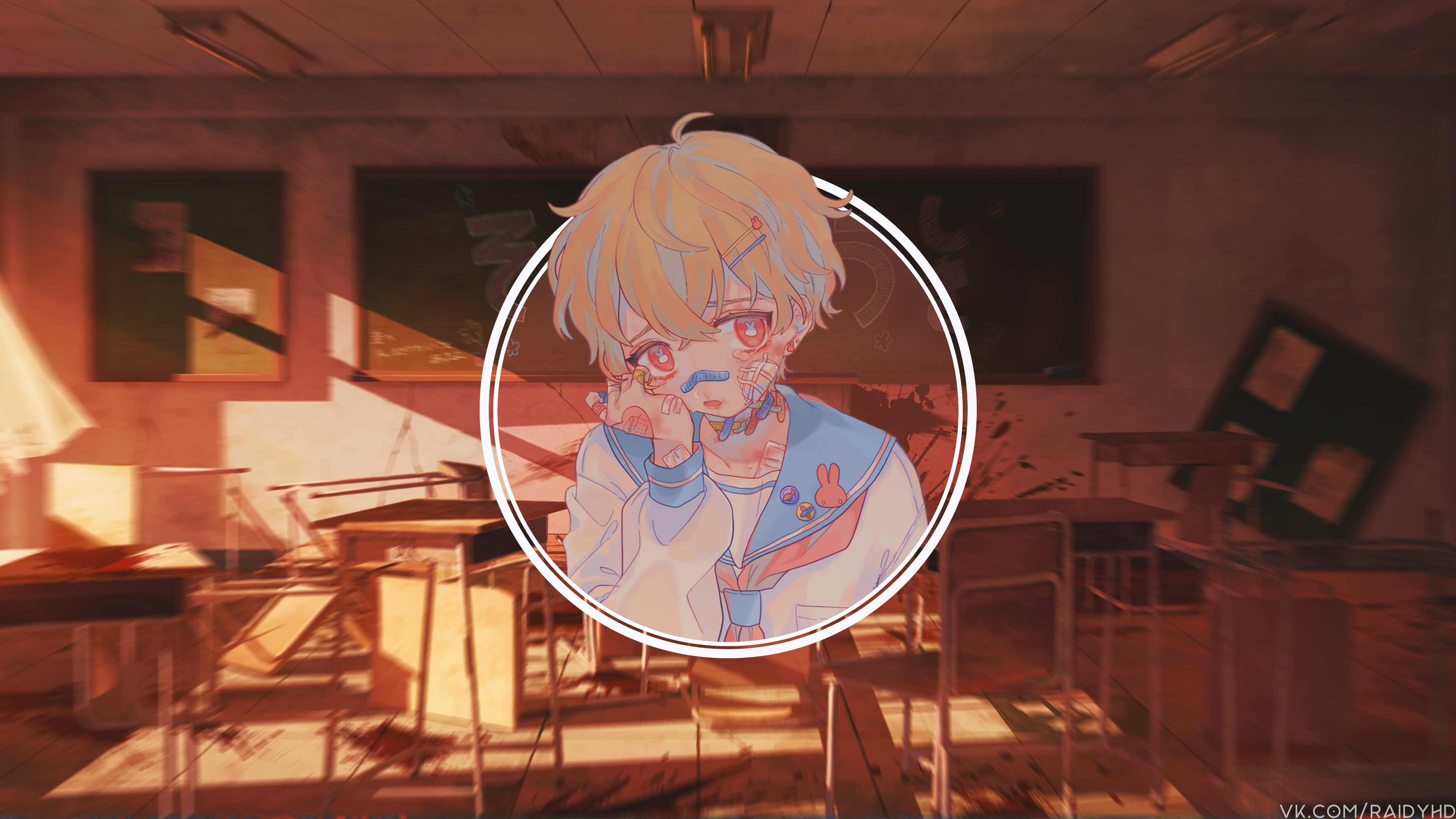 Anime boy with bandages in a classroom HD Wallpaper