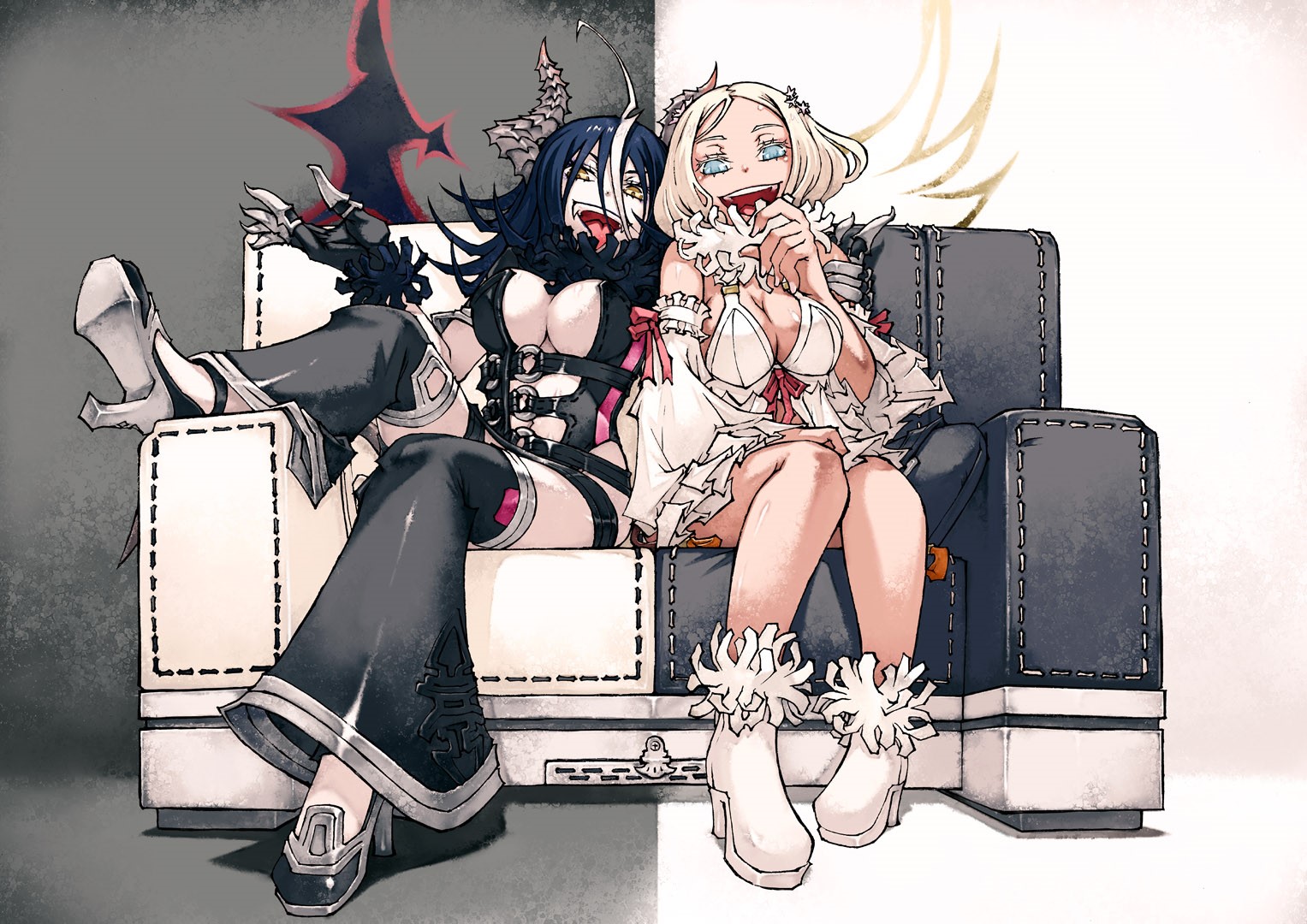Two anime girls sitting on a couch HD Wallpaper