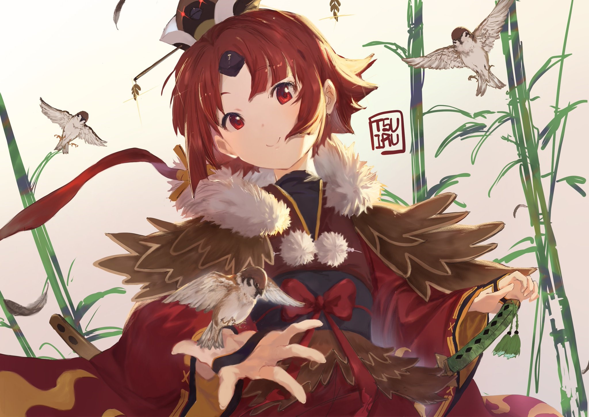 Anime girl with birds and bamboo HD Wallpaper