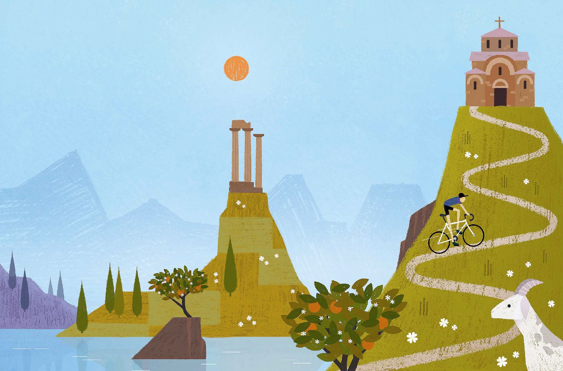 Cyclist on a mountain path near ancient ruins and a church HD Wallpaper