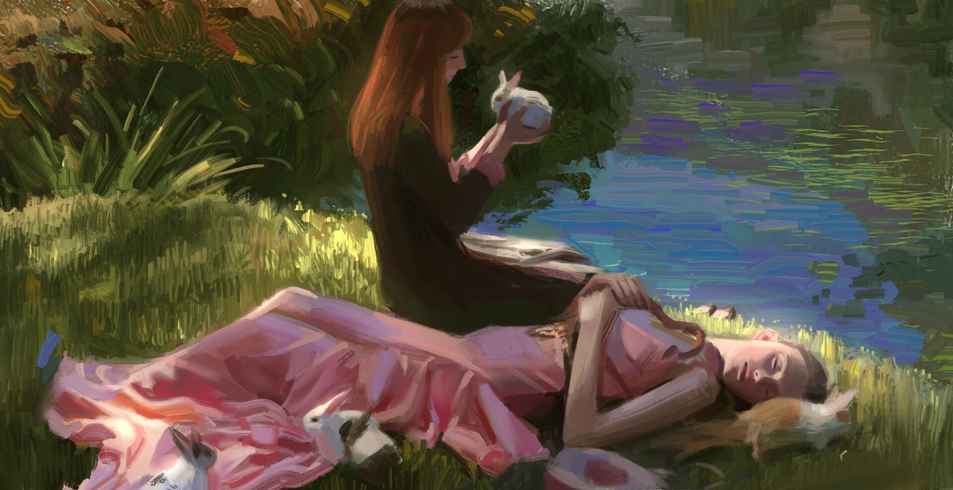 Two women with rabbits by a body of water HD Wallpaper