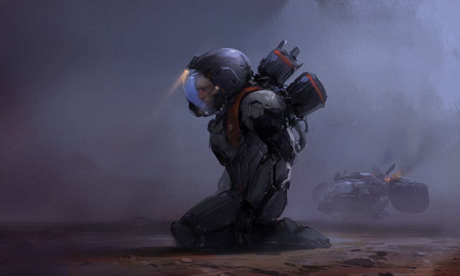 Astronaut kneeling on a desolate planet near a crashed vehicle HD Wallpaper