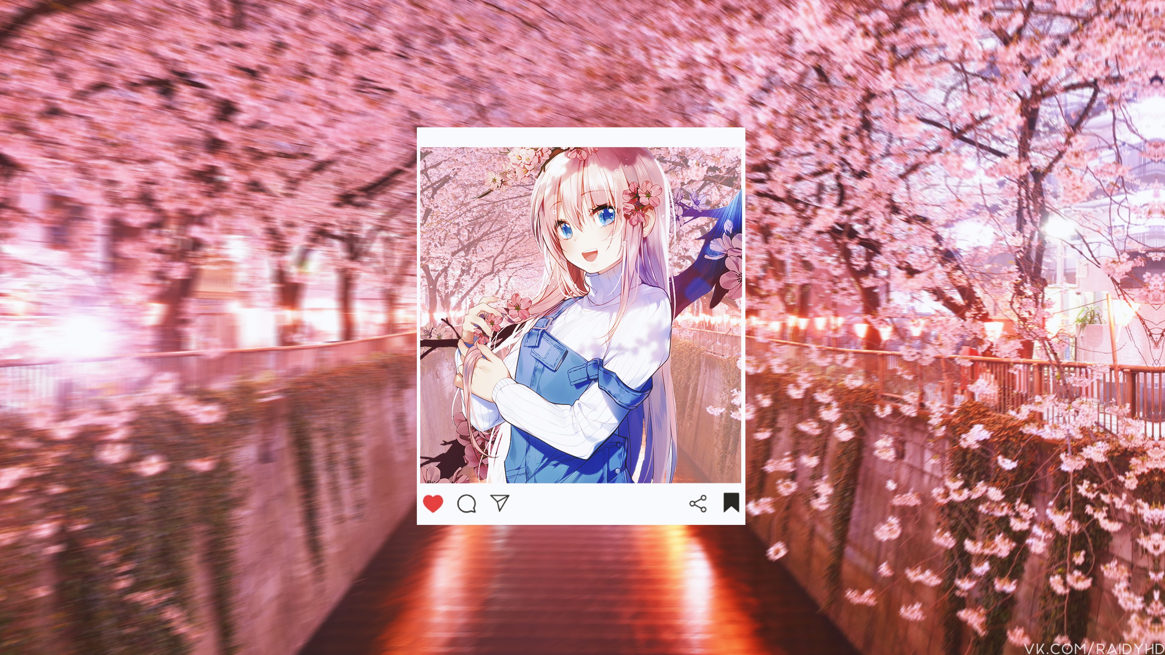 Anime girl in denim overalls with cherry blossoms HD Wallpaper