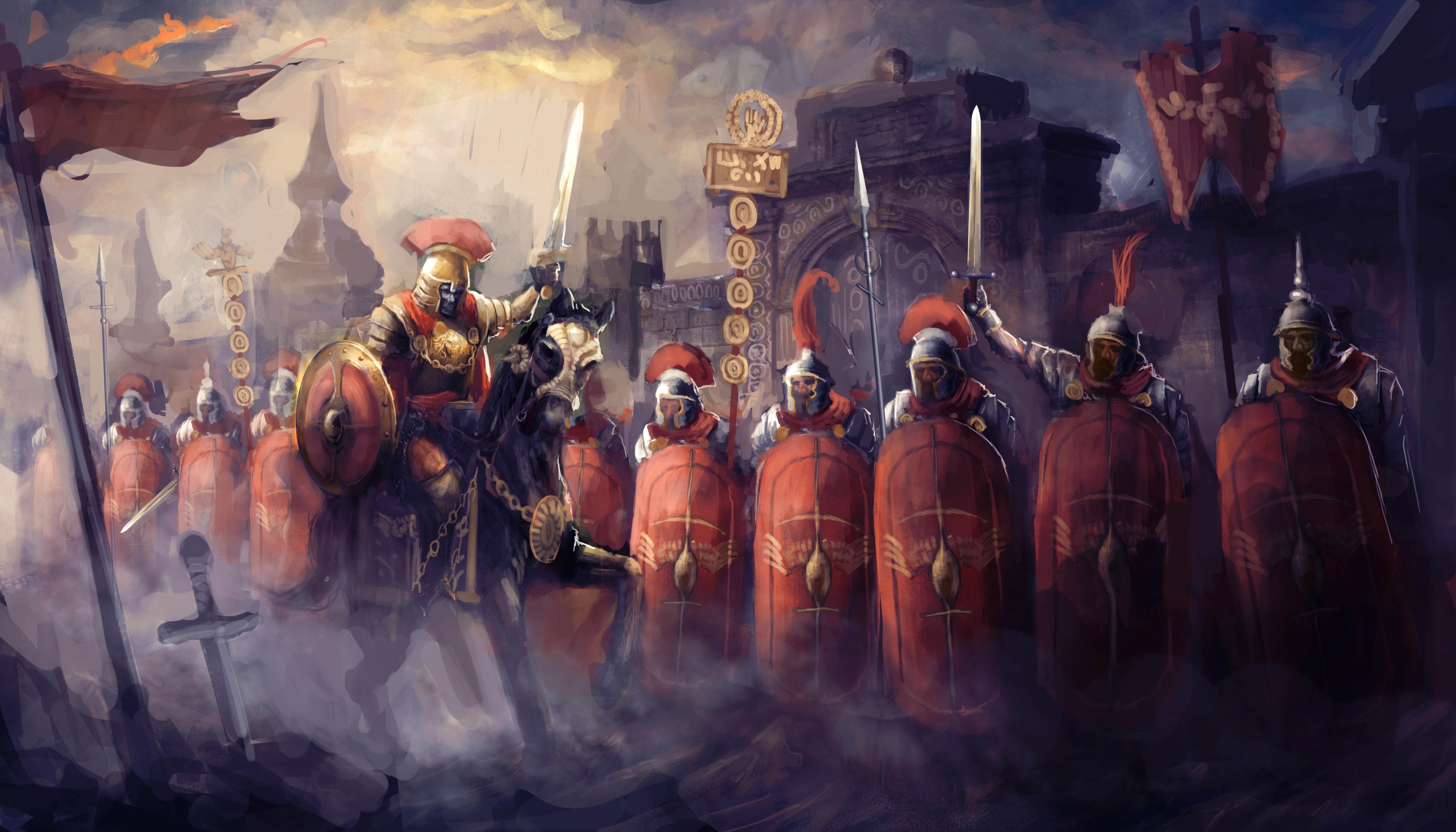Roman soldiers marching with a cavalry leader HD Wallpaper