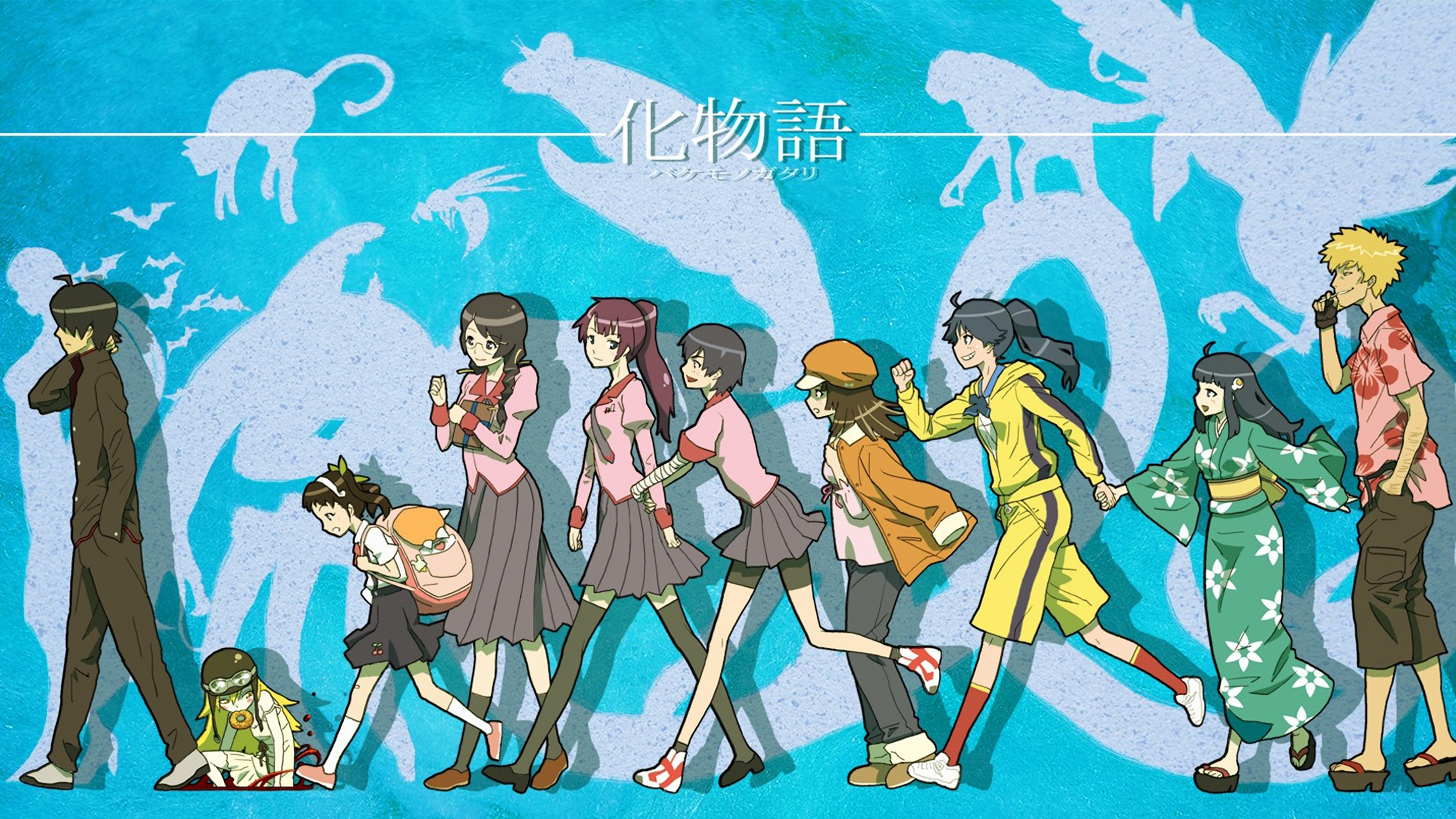 Monogatari Series characters walking on a blue background HD Wallpaper