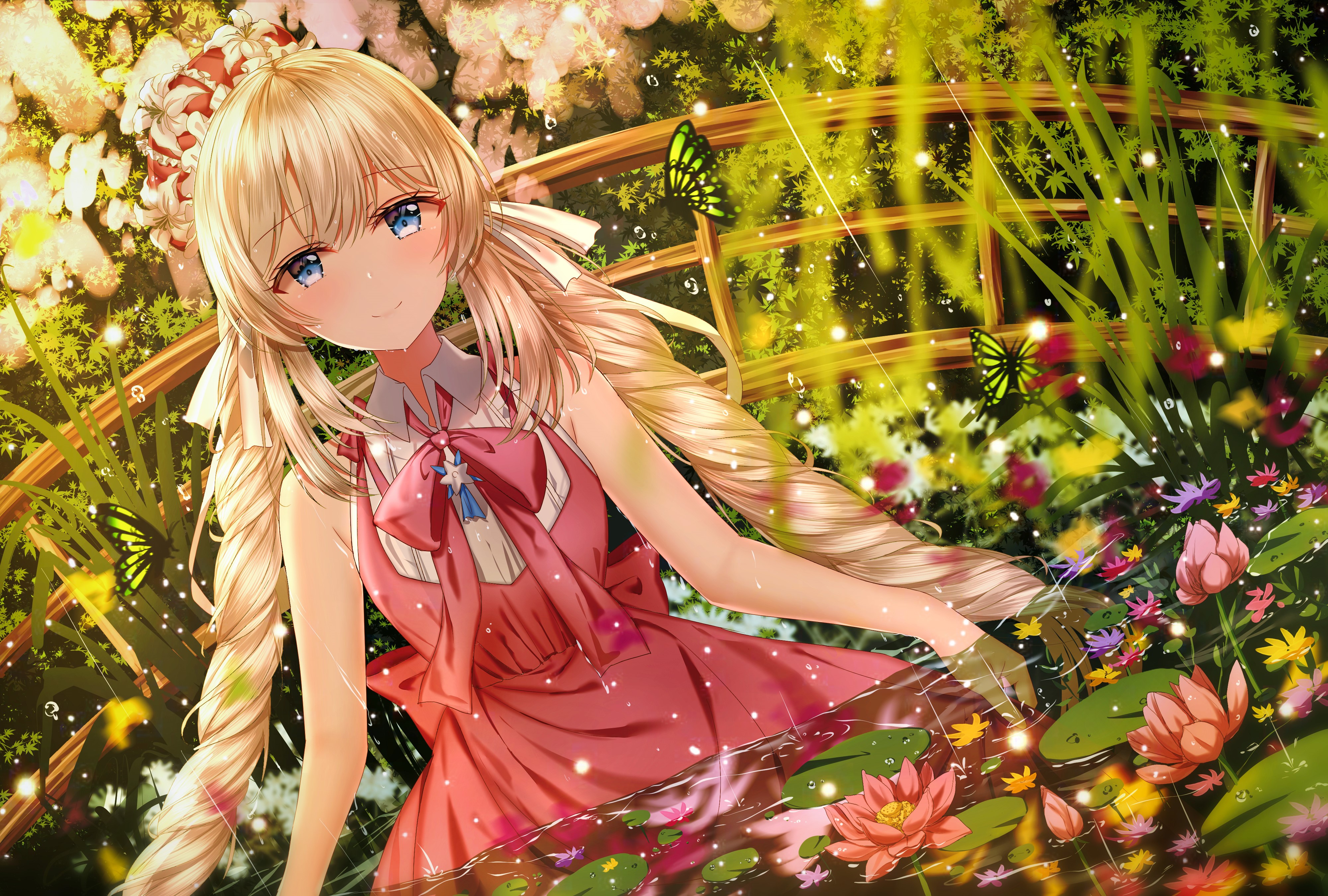 Anime girl with blonde hair and blue eyes in a pink dress HD Wallpaper