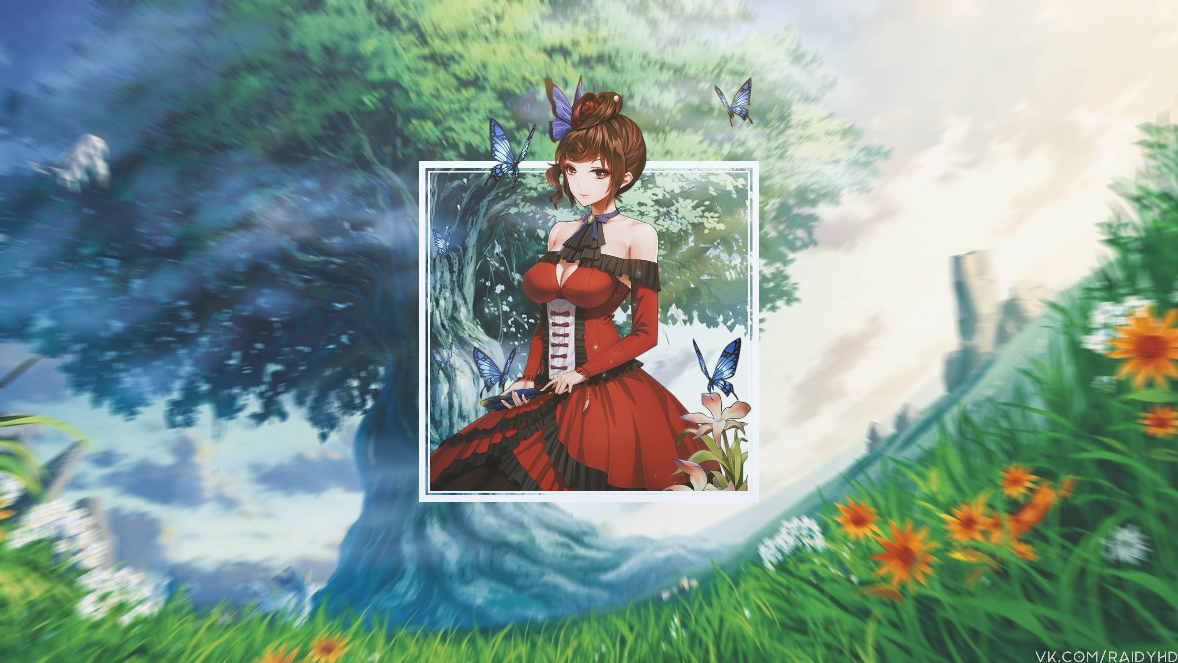 Anime girl in red dress with butterflies HD Wallpaper