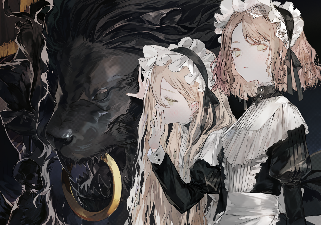 Two anime girls and a black creature HD Wallpaper