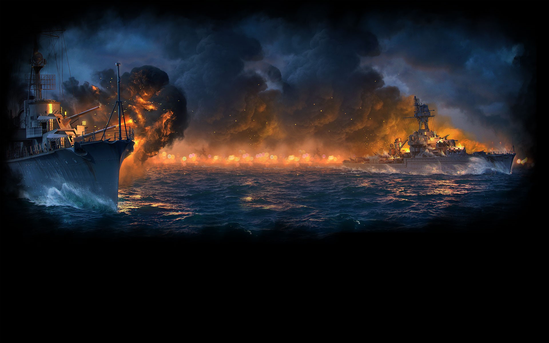 World of Warships naval battle with burning ships HD Wallpaper