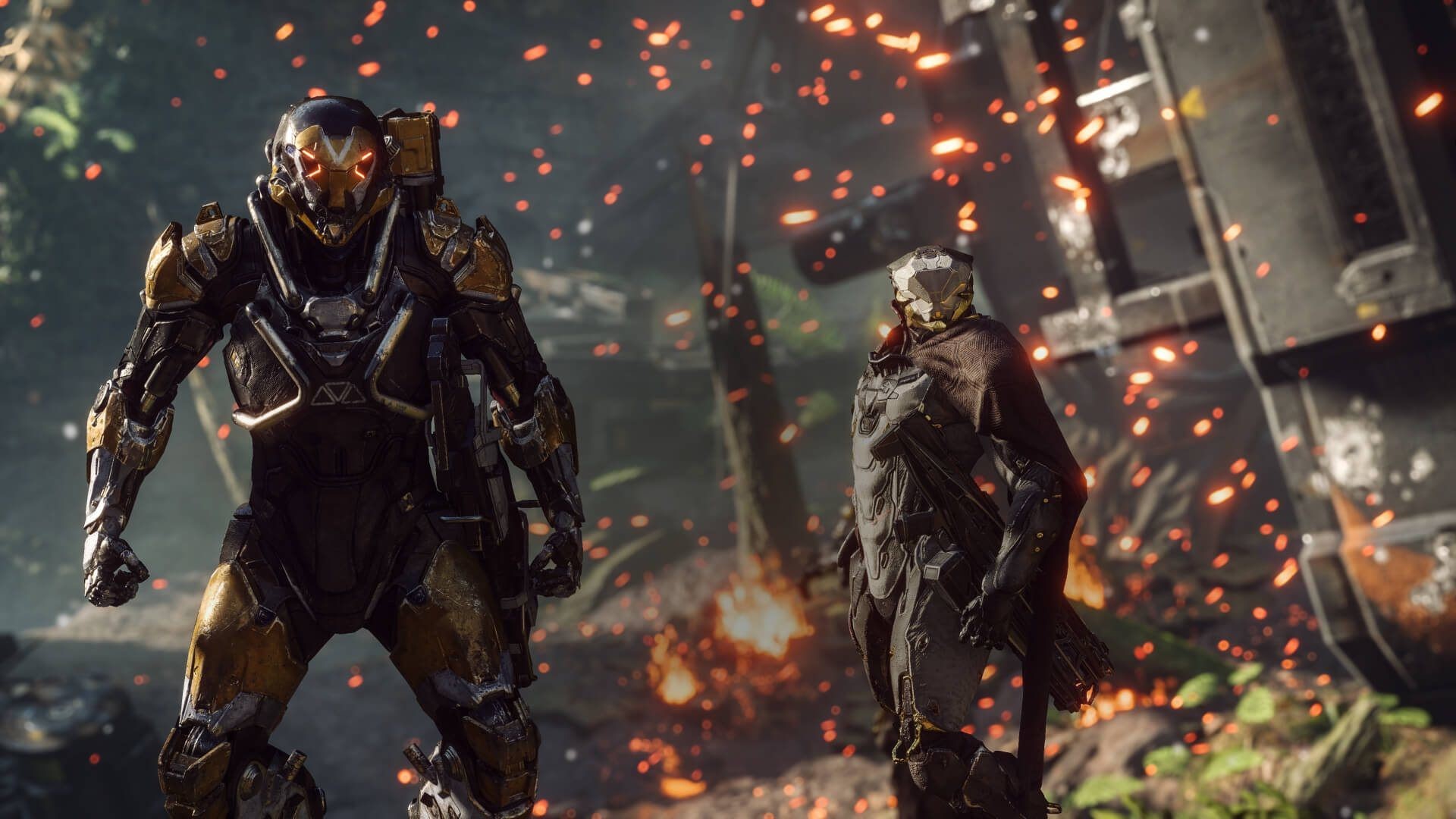 Two Javelins from Anthem in a fiery environment HD Wallpaper