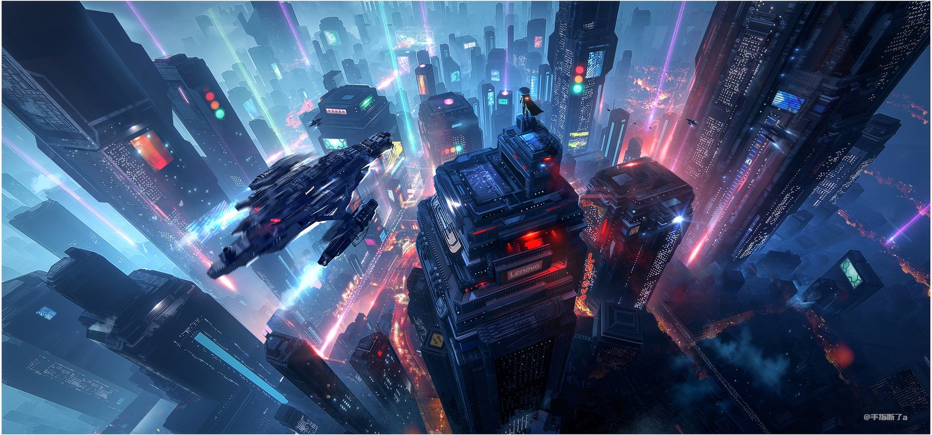 Futuristic city with spaceship and cyberpunk architecture HD Wallpaper