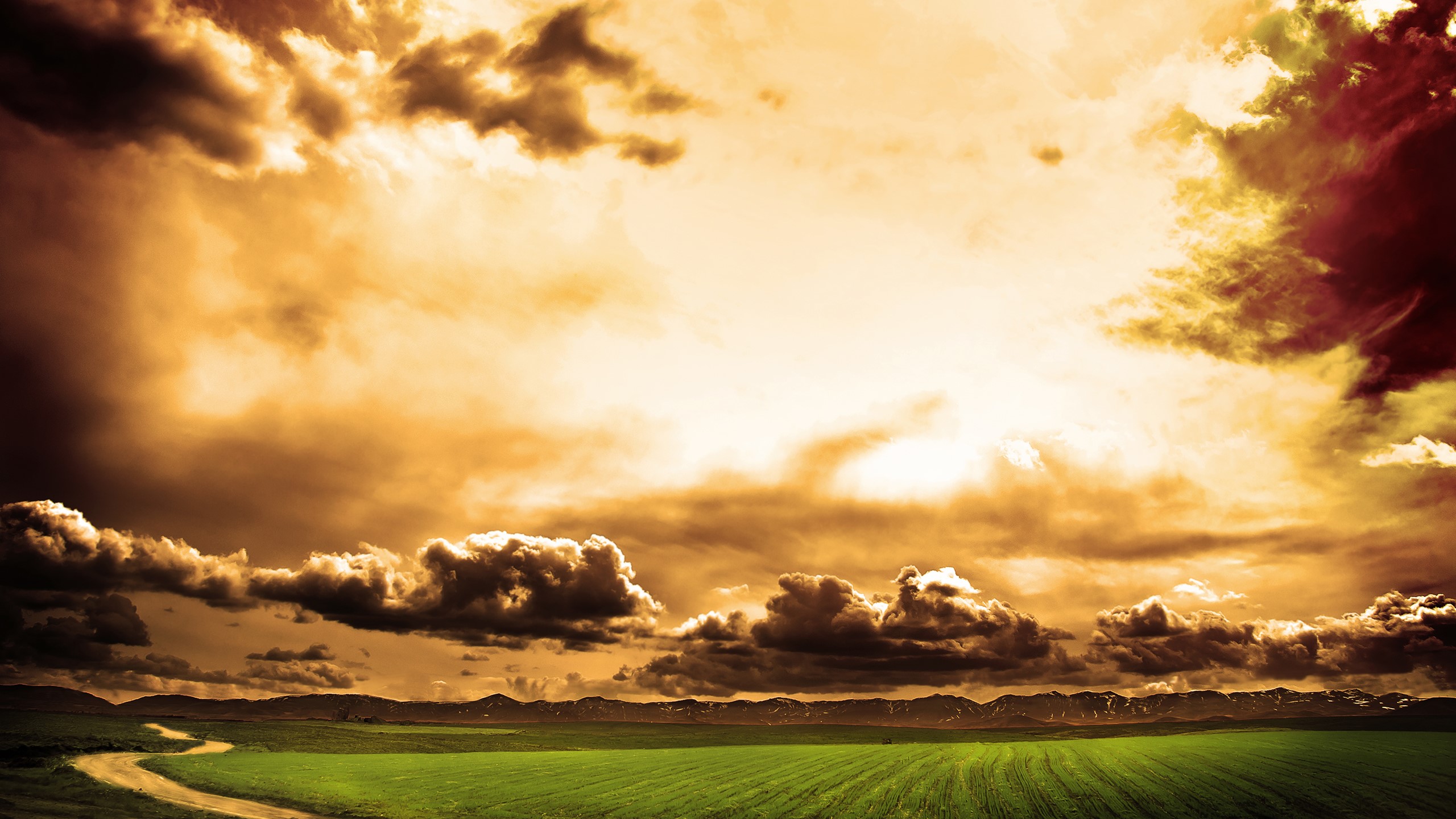 Dramatic clouds over a green field and road HD Wallpaper