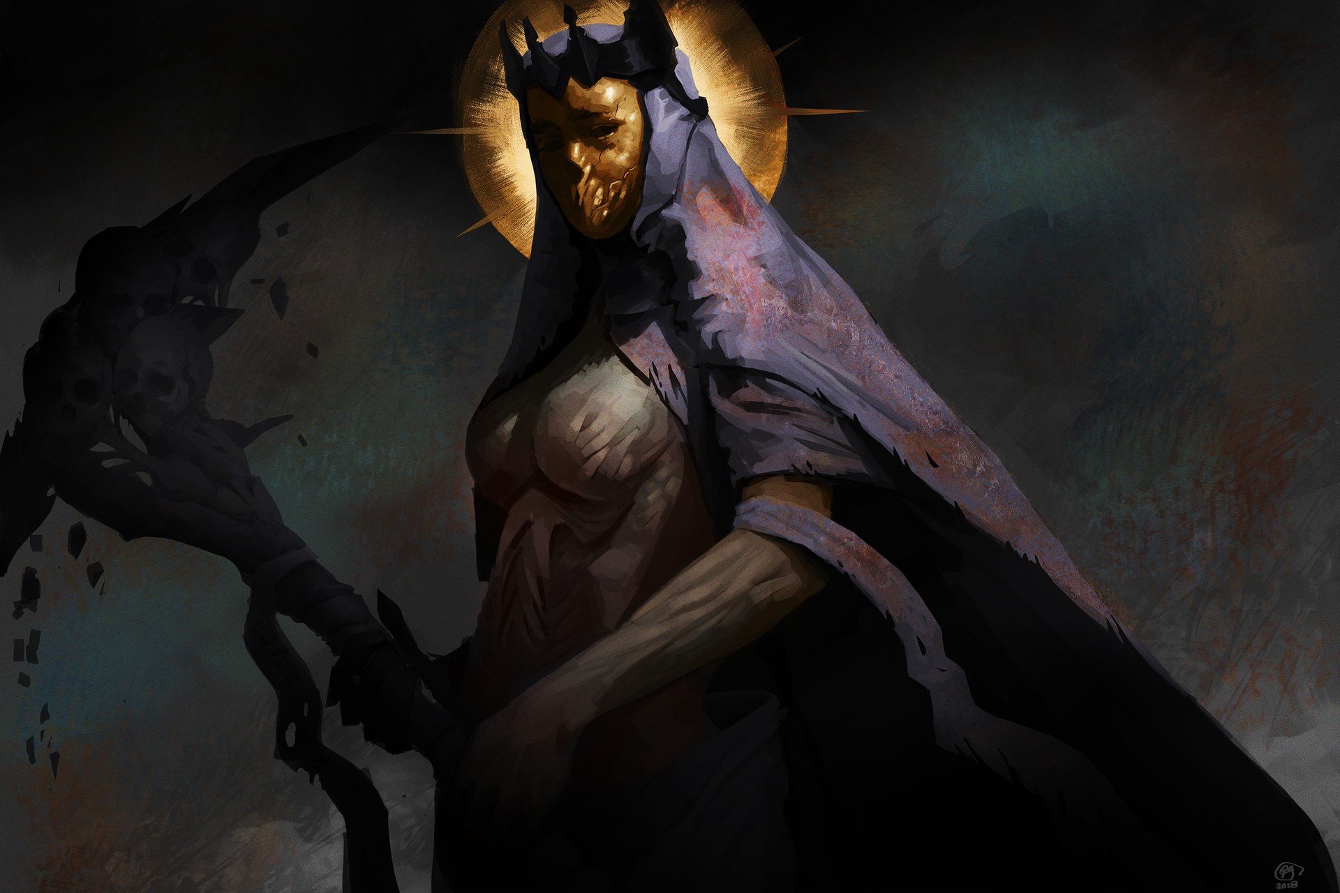 Fantasy artwork of a crowned figure with a golden mask HD Wallpaper