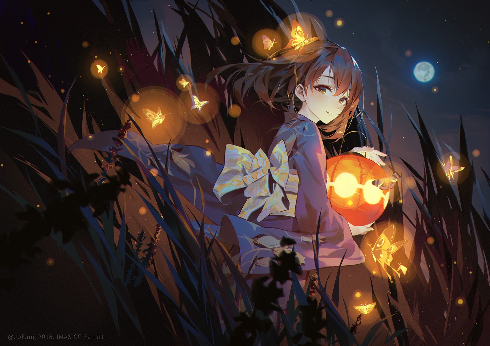 Anime girl in kimono holding a lantern at night HD Wallpaper