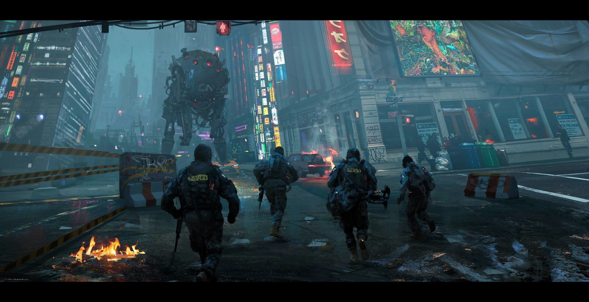 Futuristic city street with soldiers and a robot HD Wallpaper