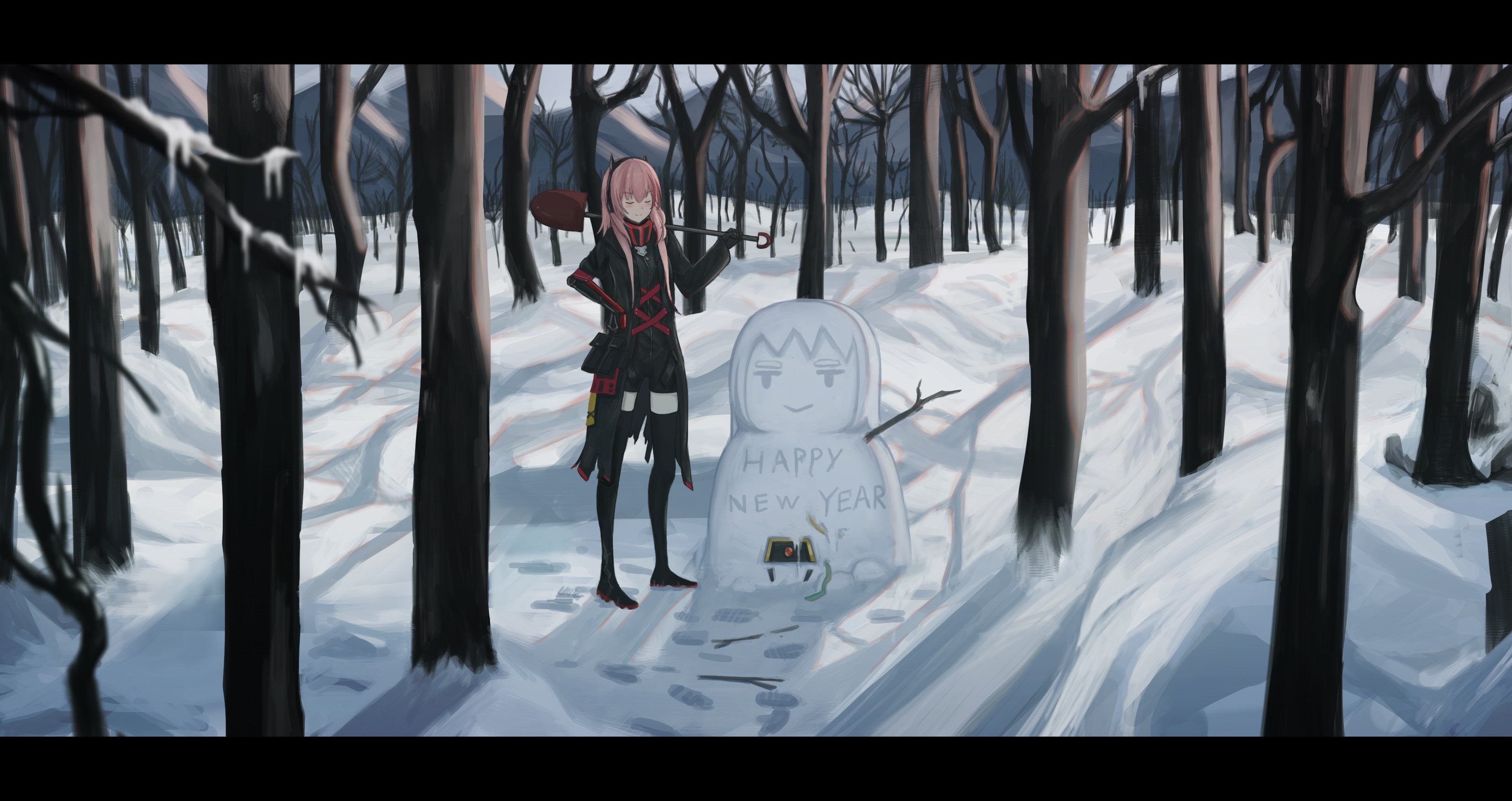 Anime girl with shovel next to snowman in snowy forest HD Wallpaper