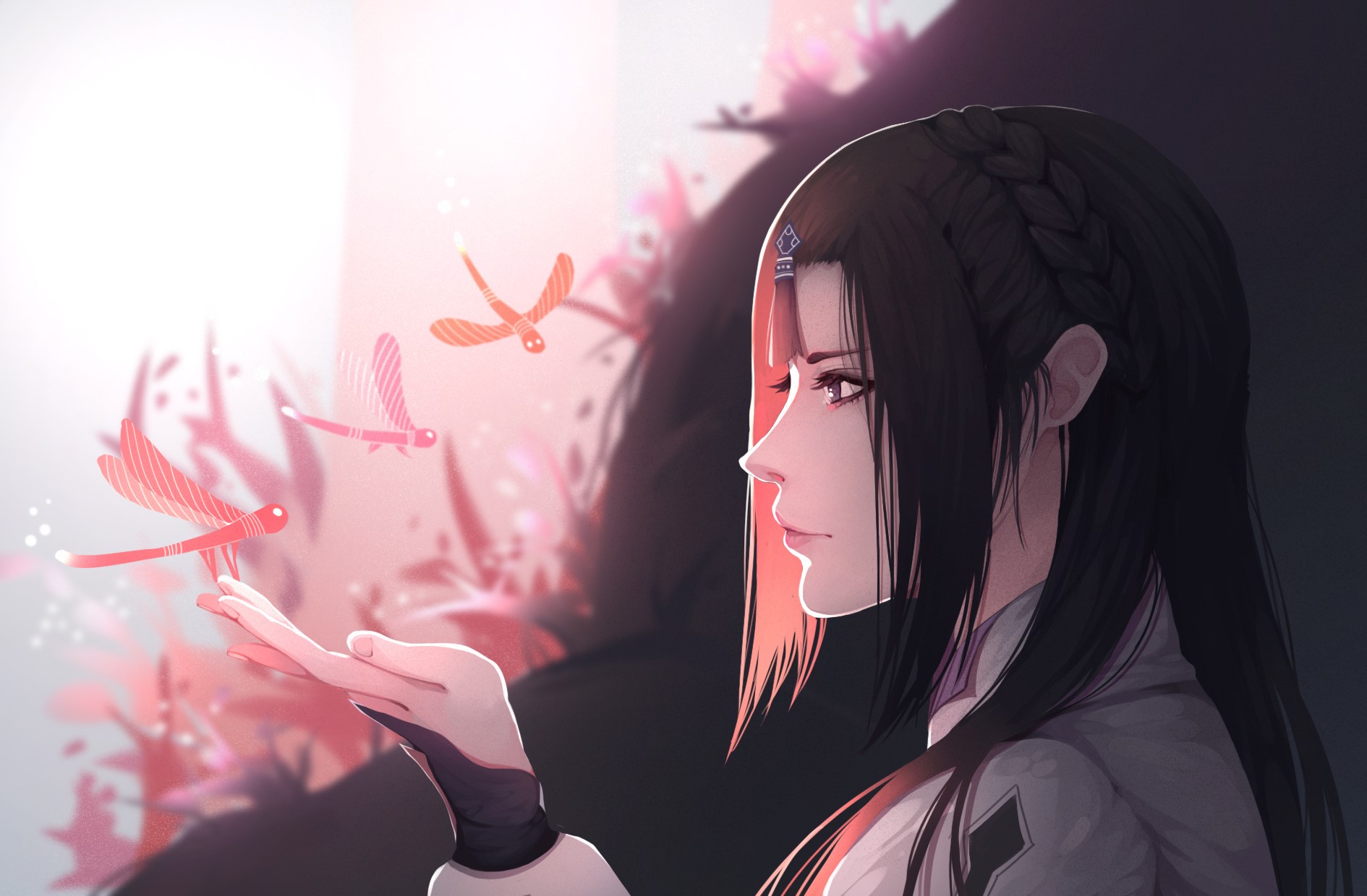 Anime girl with dark hair and dragonflies HD Wallpaper