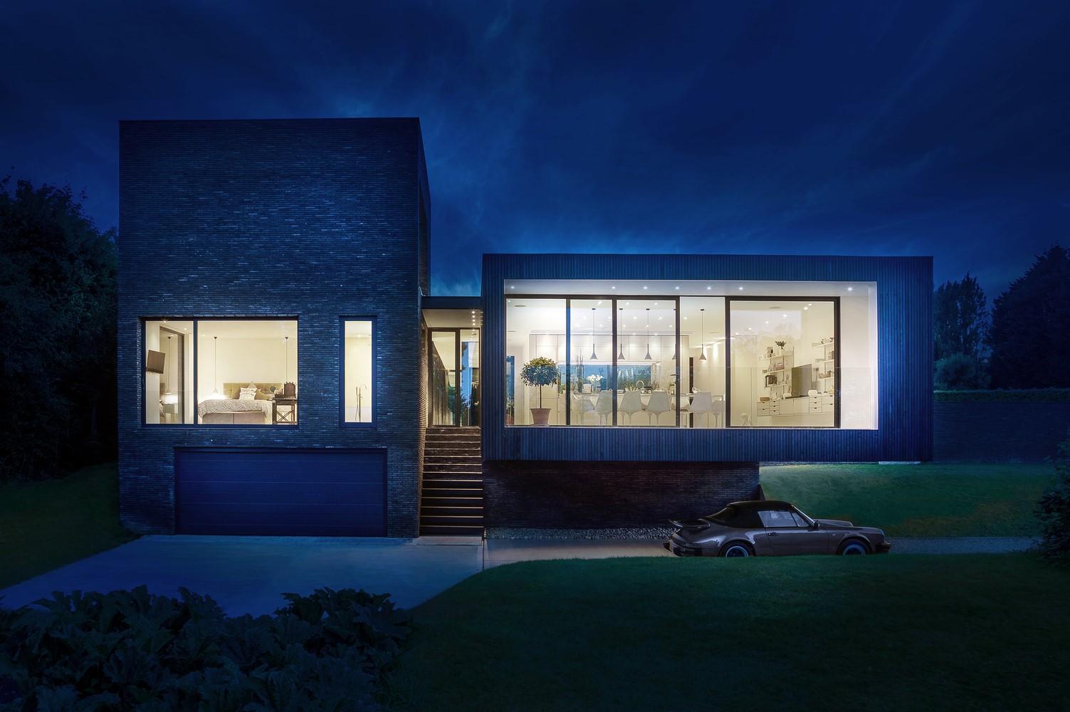 Modern house at night with car HD Wallpaper