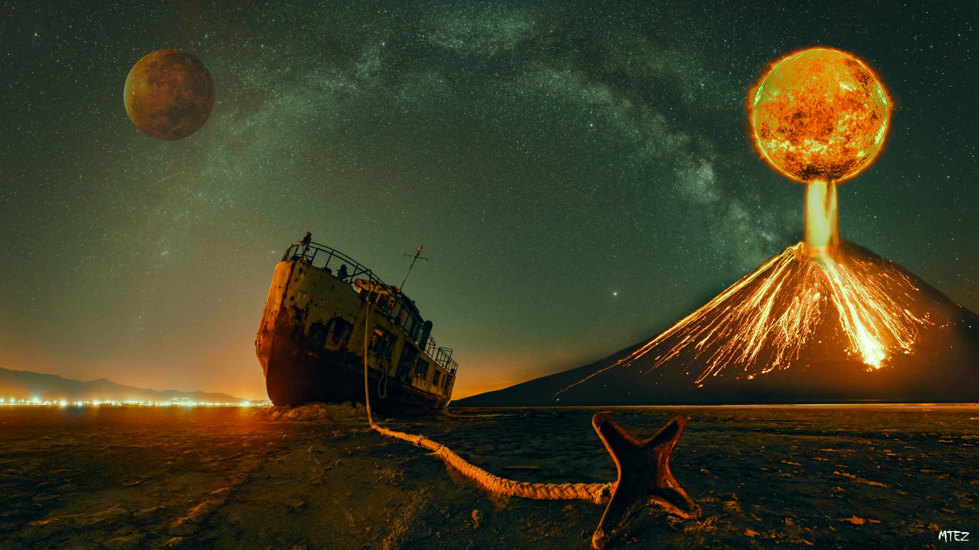 Shipwreck and volcano under starry sky with planets HD Wallpaper