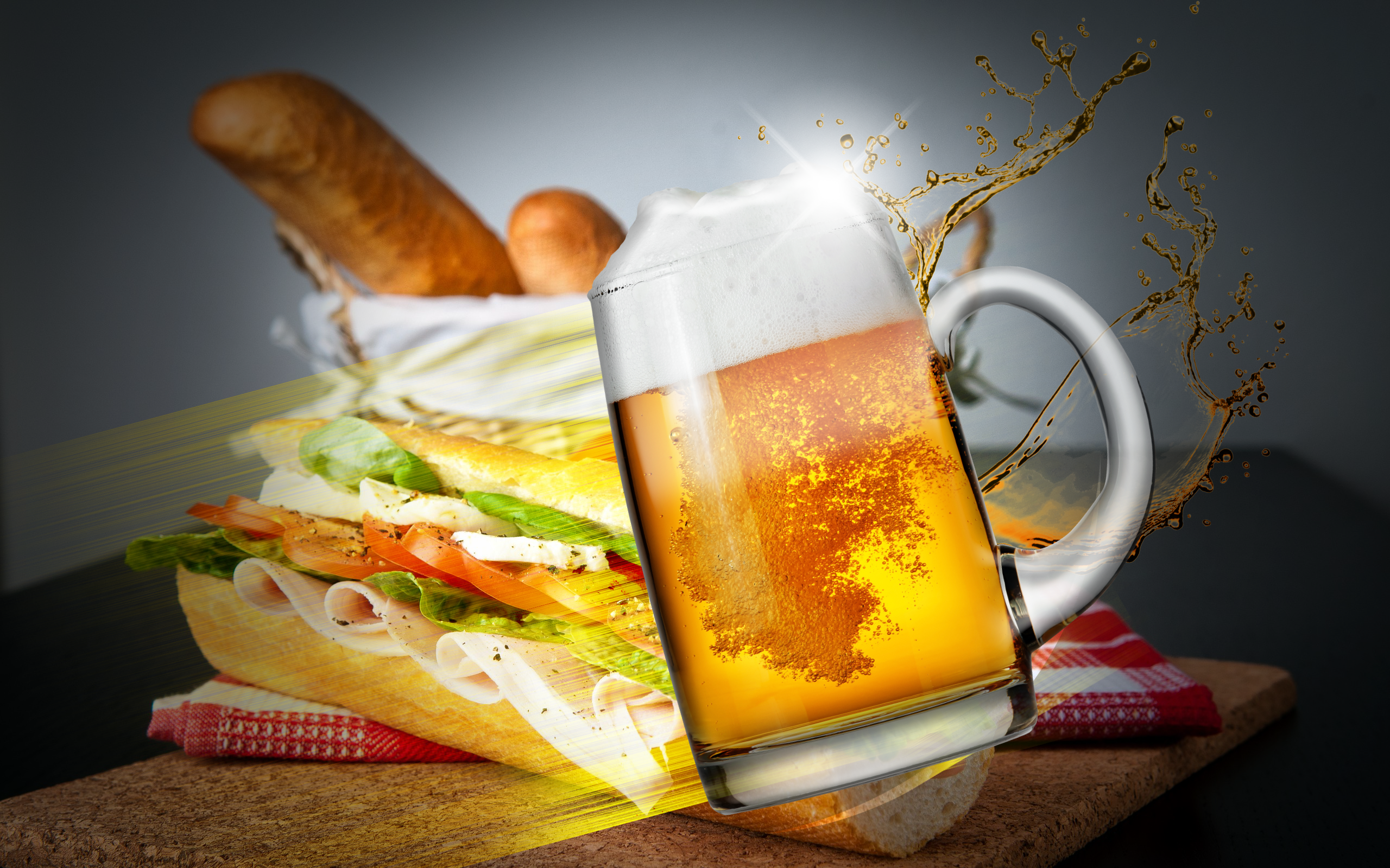 Beer and sandwich with bread basket HD Wallpaper