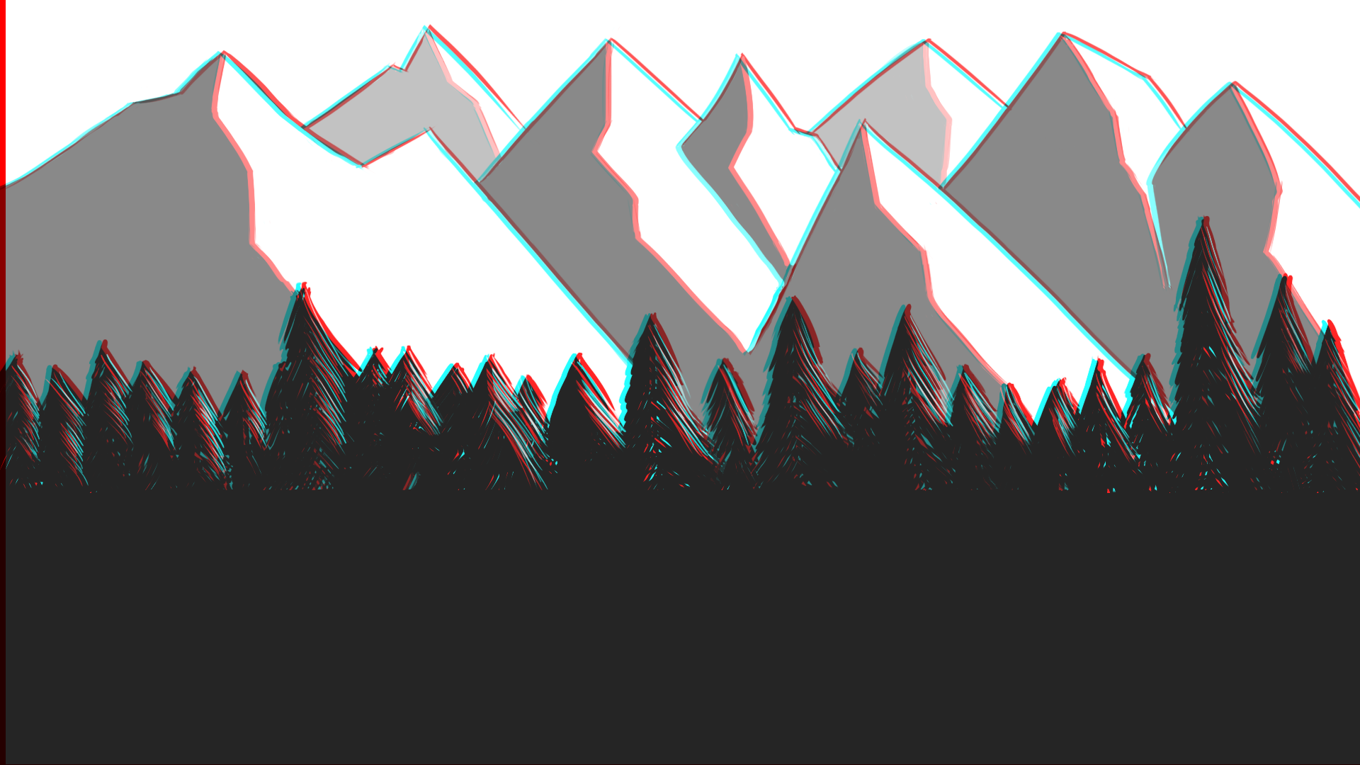 Monochrome mountain landscape with forest and chromatic aberration HD Wallpaper