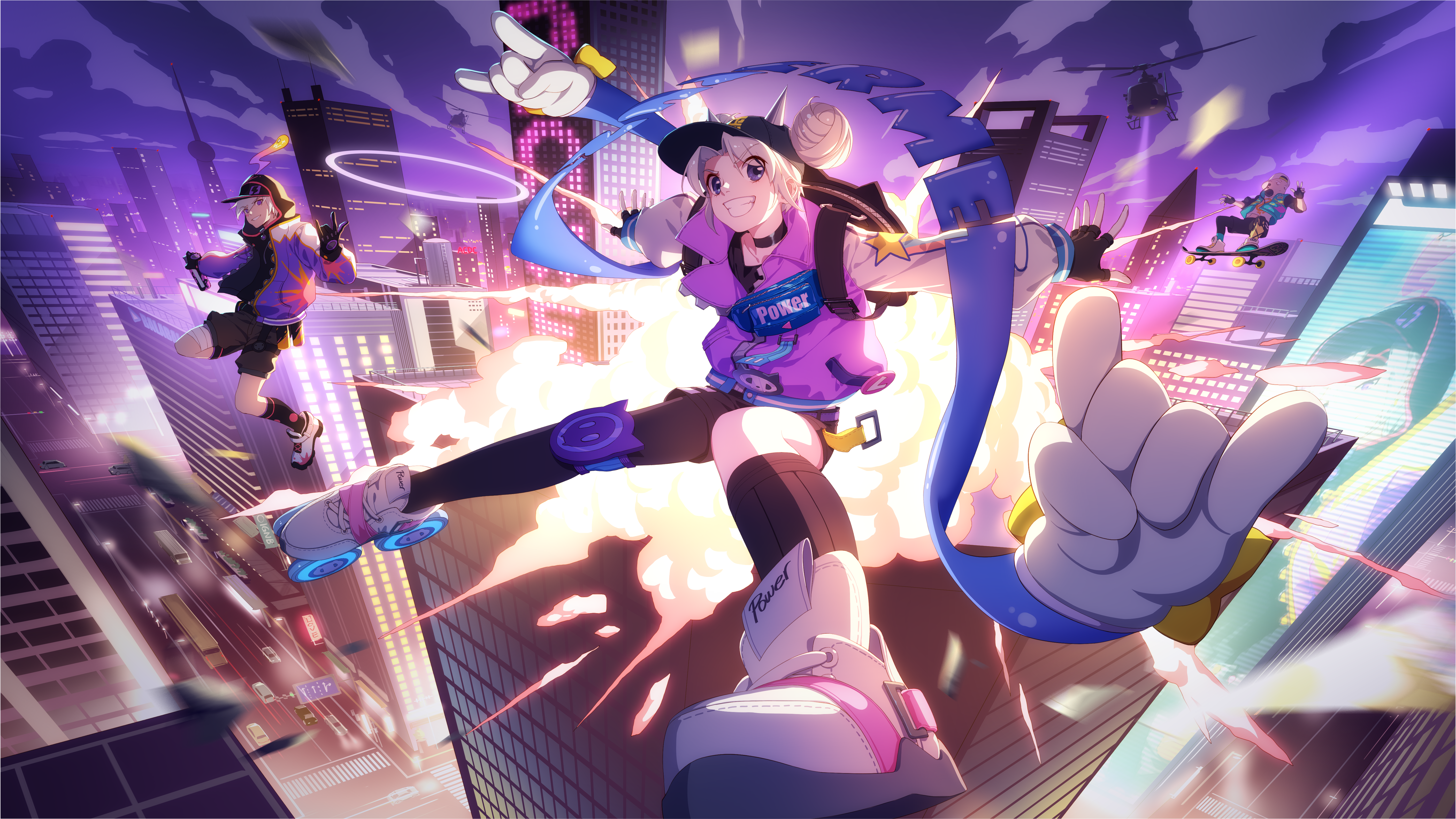 Anime characters in a futuristic city at night HD Wallpaper