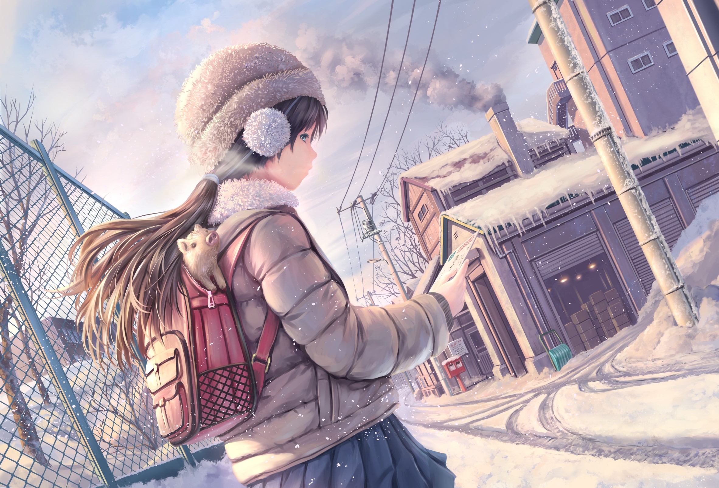 Girl with a pet in a snowy town HD Wallpaper