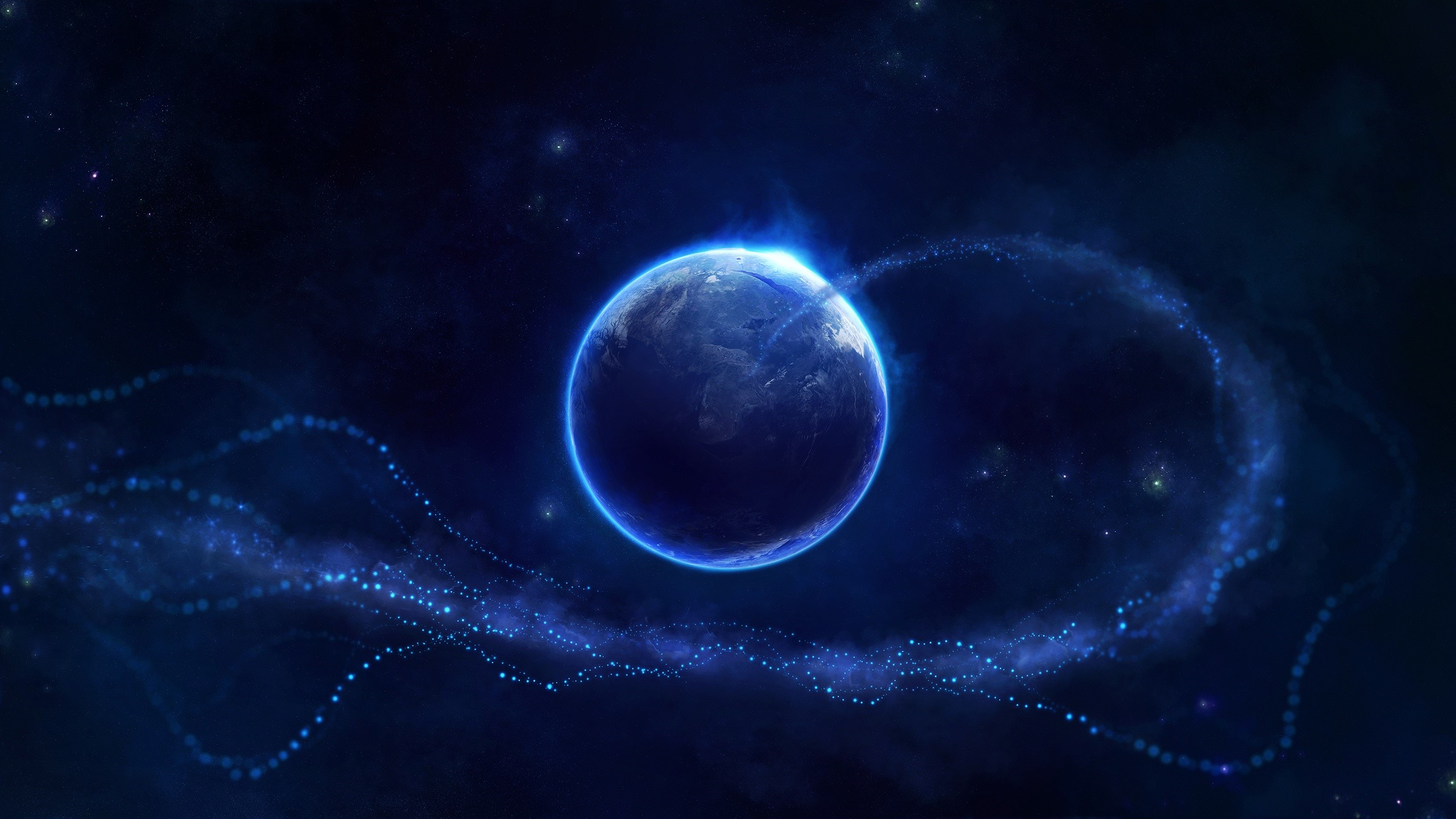 Blue planet in deep space with glowing particles HD Wallpaper