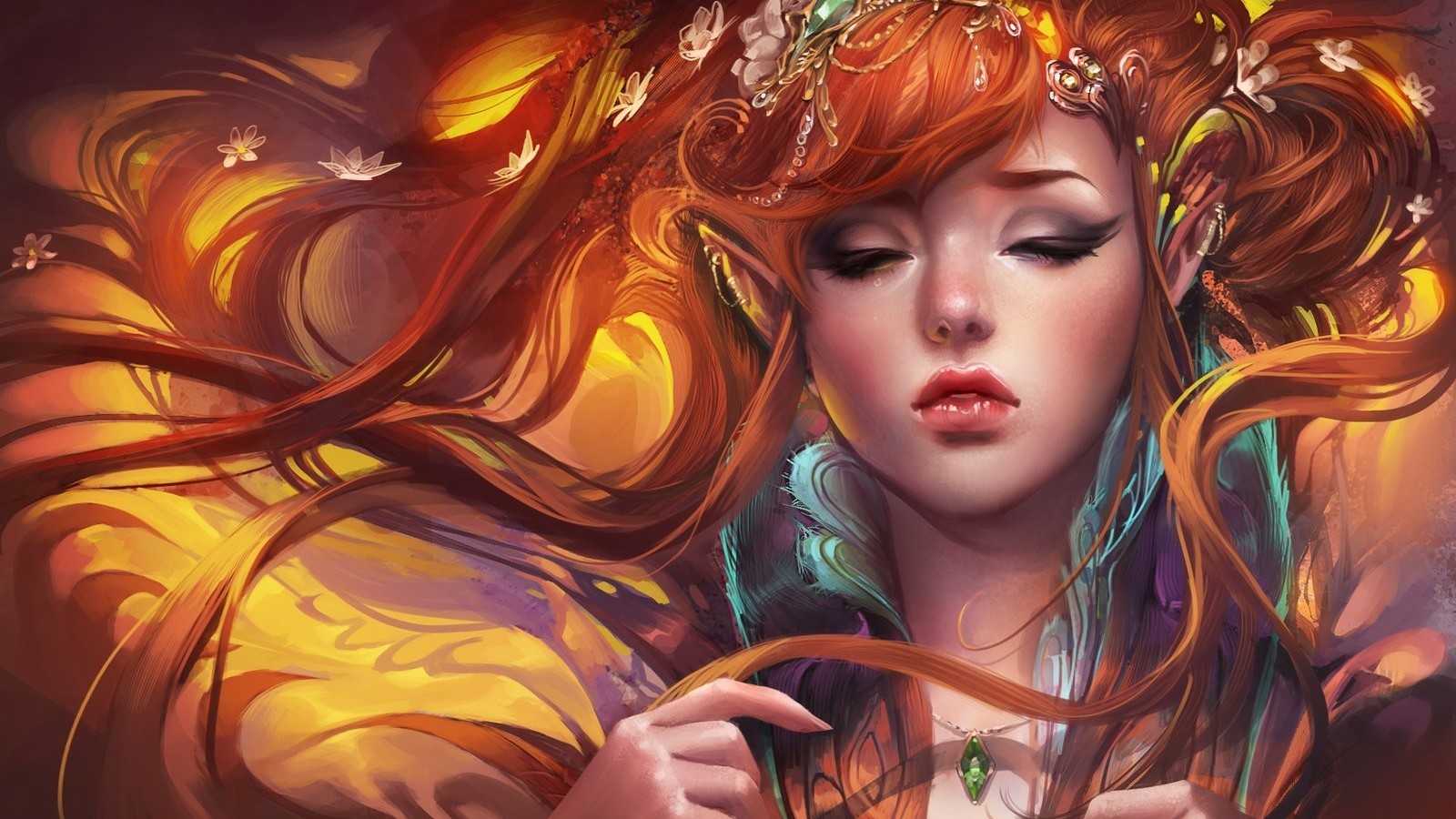 Fantasy girl with long red hair and closed eyes HD Wallpaper