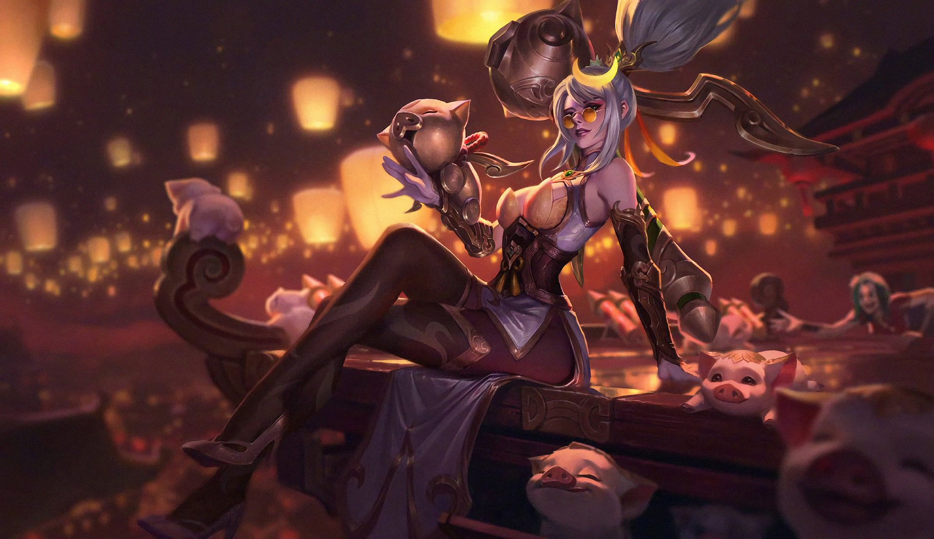 Vayne from League of Legends with pigs and lanterns HD Wallpaper