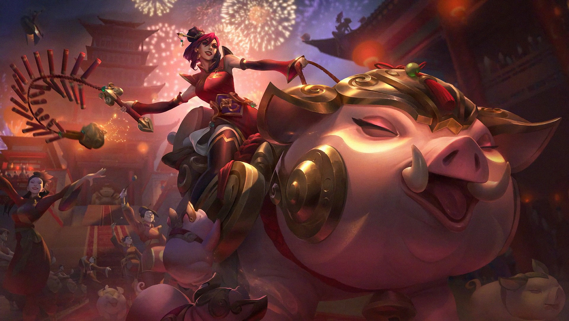 Sejuani from League of Legends riding a pig with fireworks HD Wallpaper