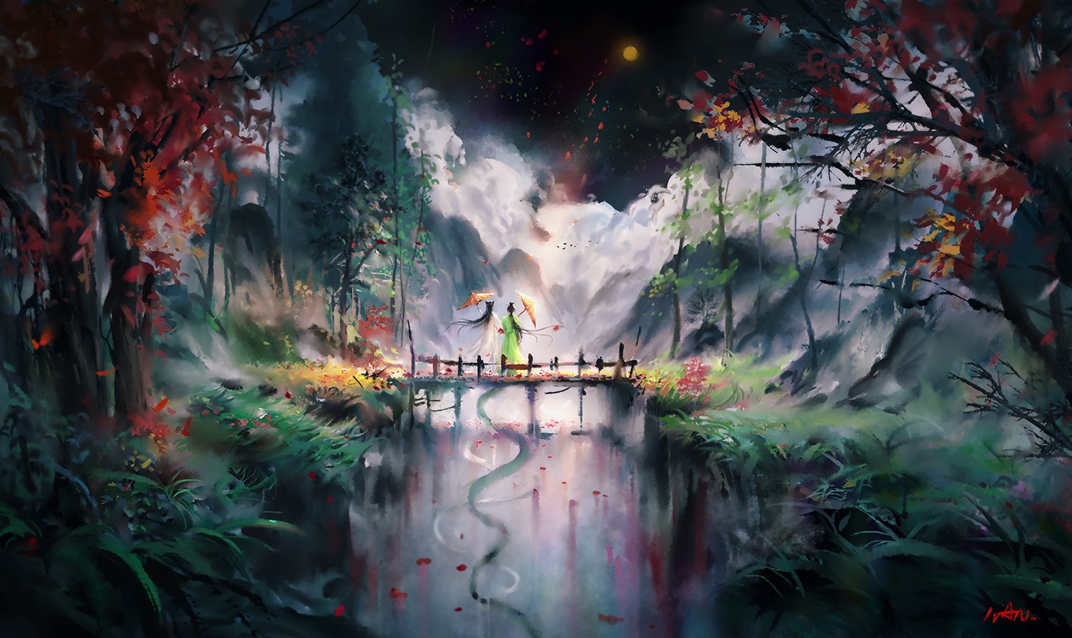 Digital artwork of two figures on a bridge in a forest HD Wallpaper
