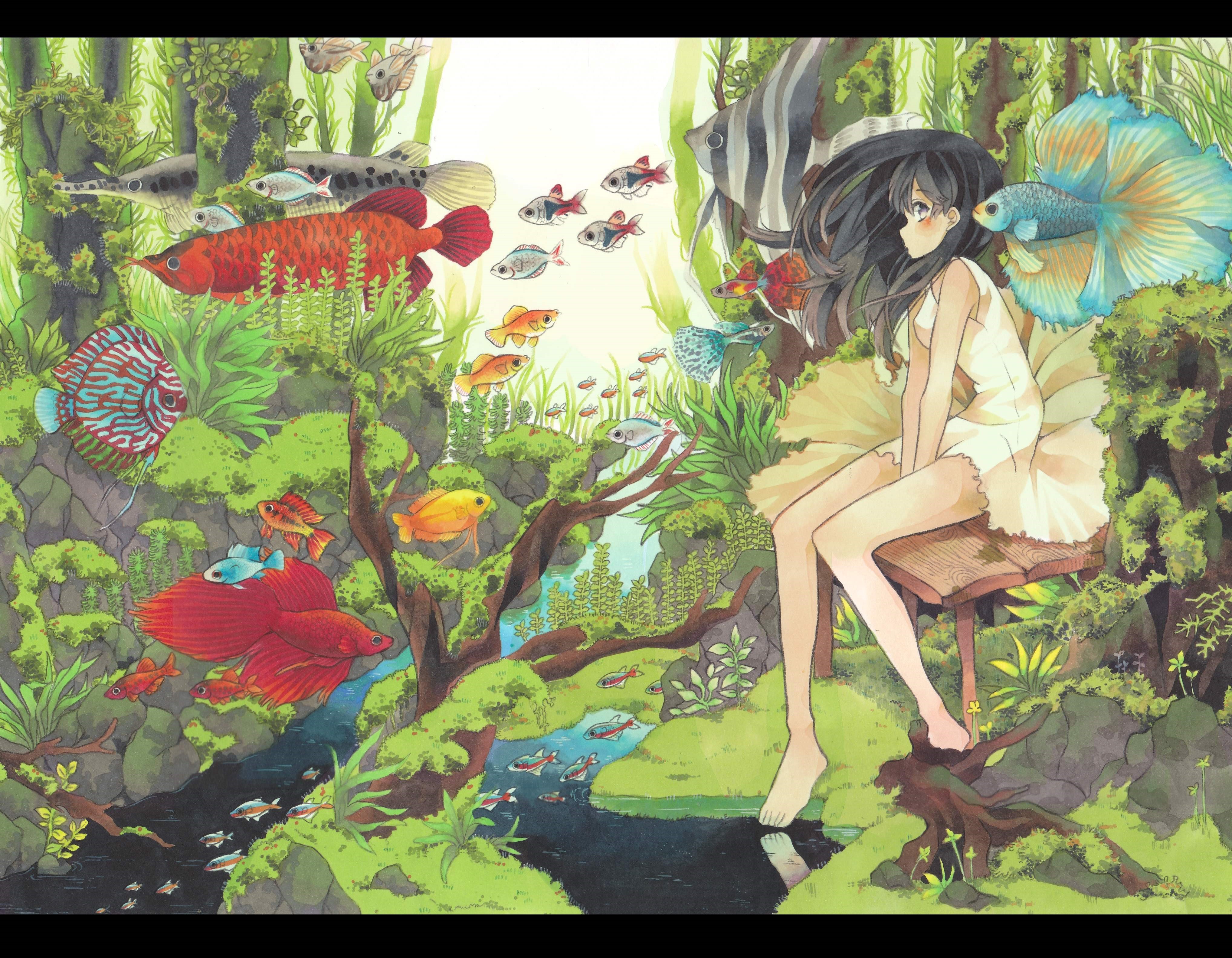 Anime girl with fish in a lush aquarium HD Wallpaper