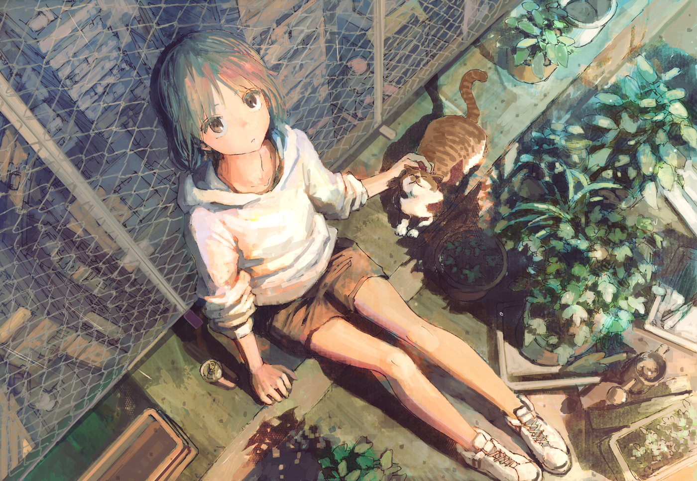 Anime girl petting a cat among plants HD Wallpaper