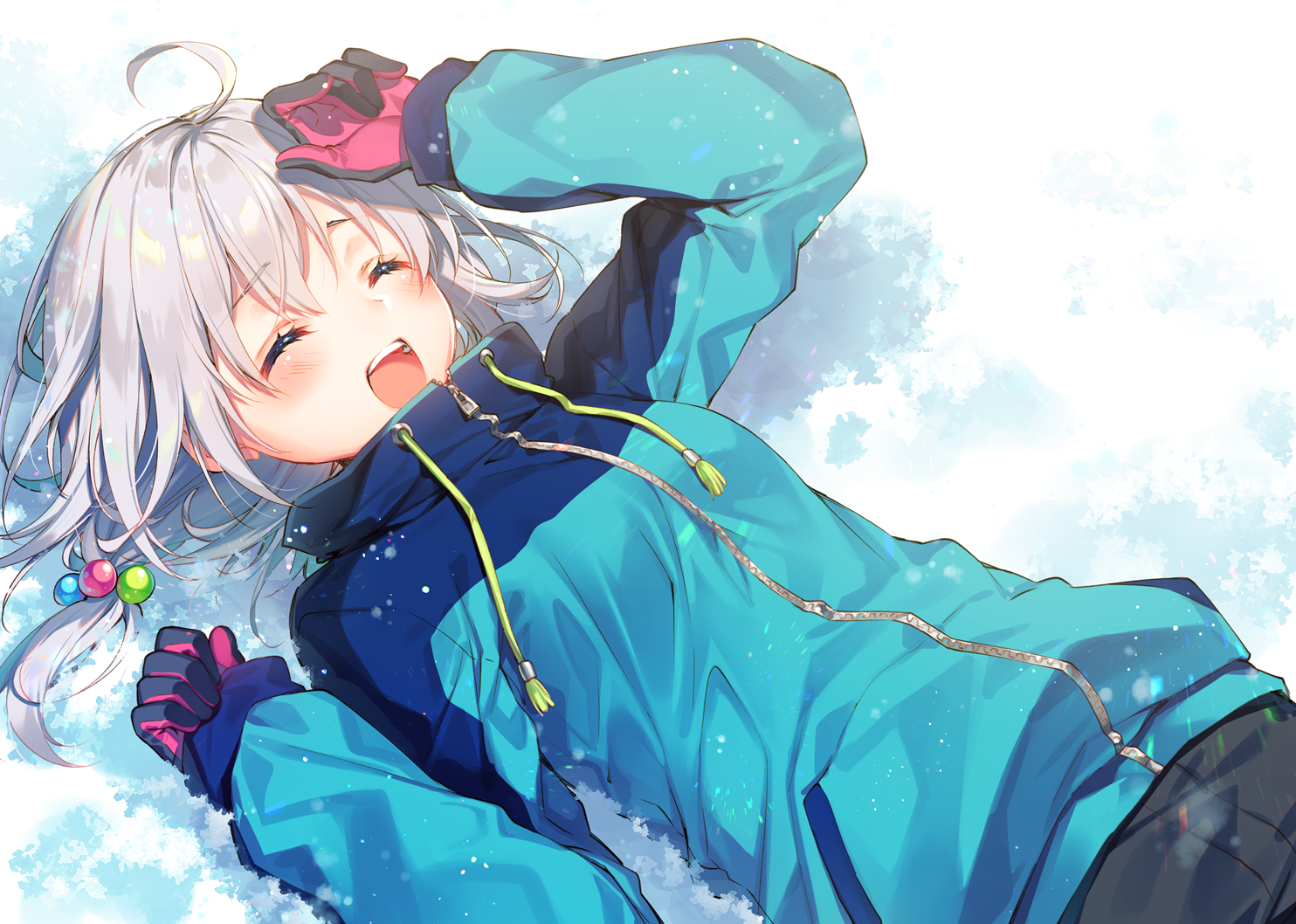 Anime girl in blue jacket lying in snow HD Wallpaper