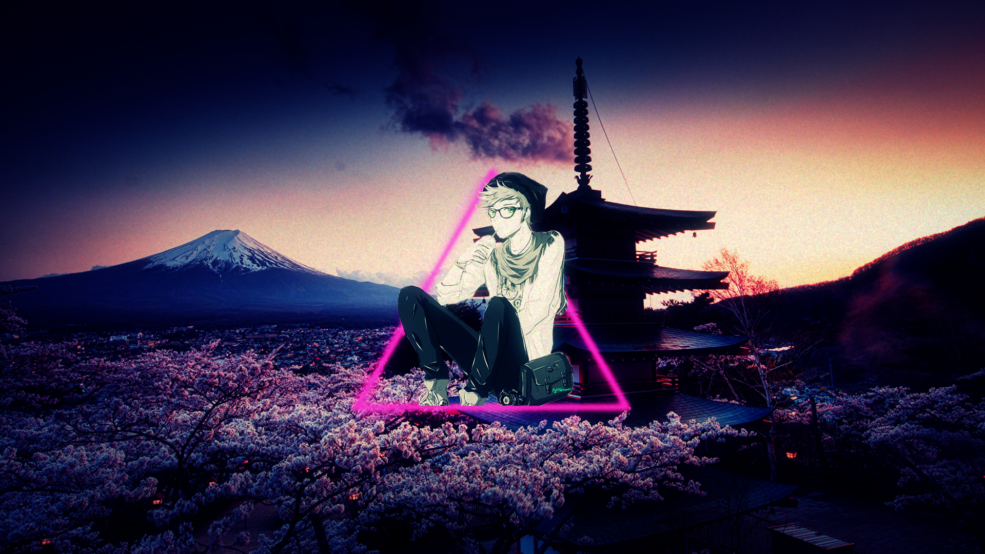 Anime character sitting in front of Mount Fuji and pagoda HD Wallpaper