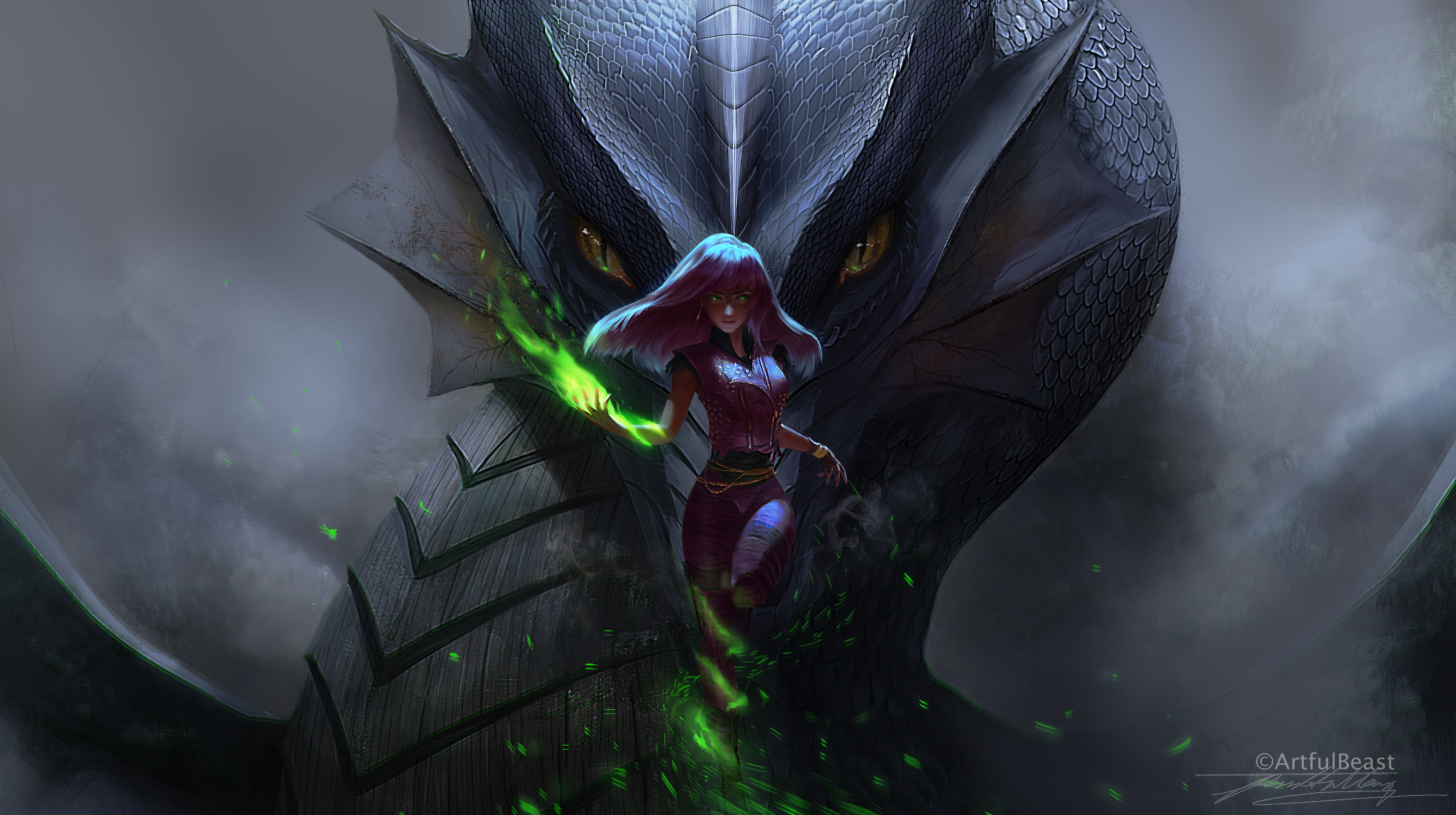 Girl with purple hair and green magic in front of a dragon HD Wallpaper
