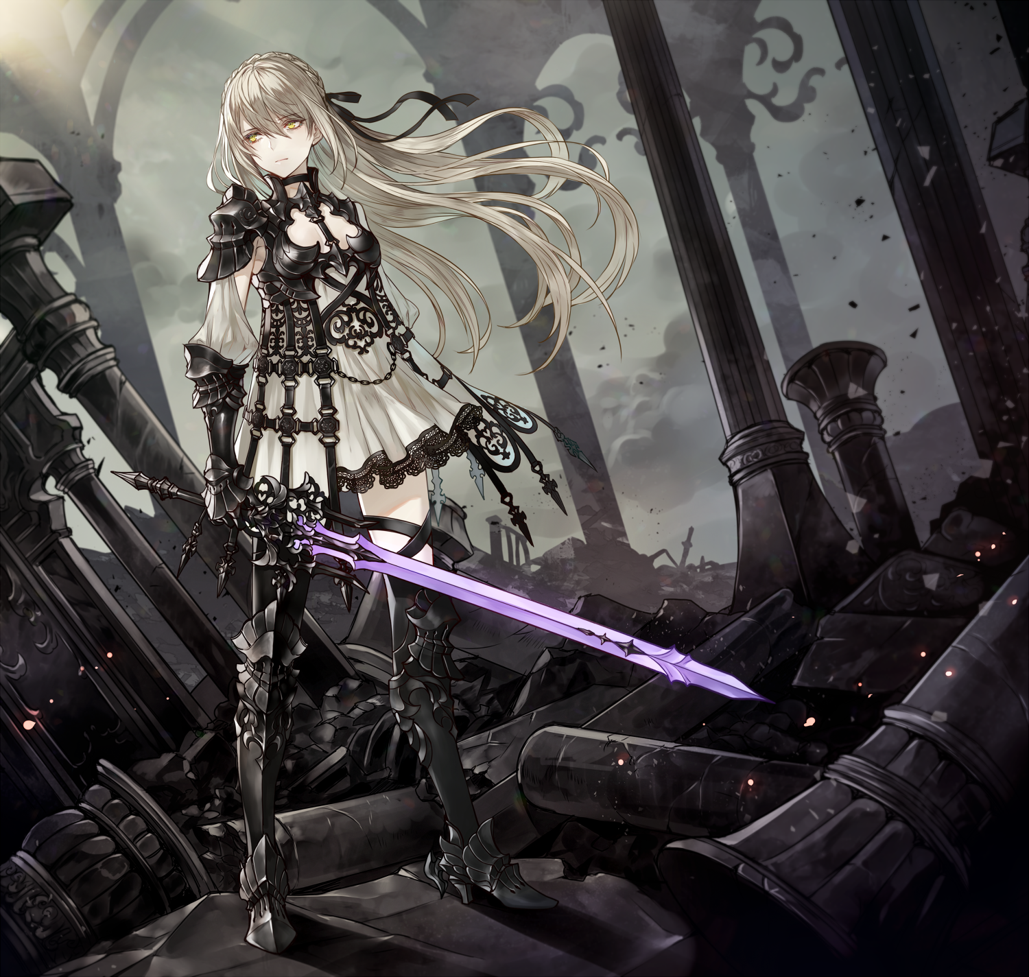 Anime girl with sword in ruined temple HD Wallpaper