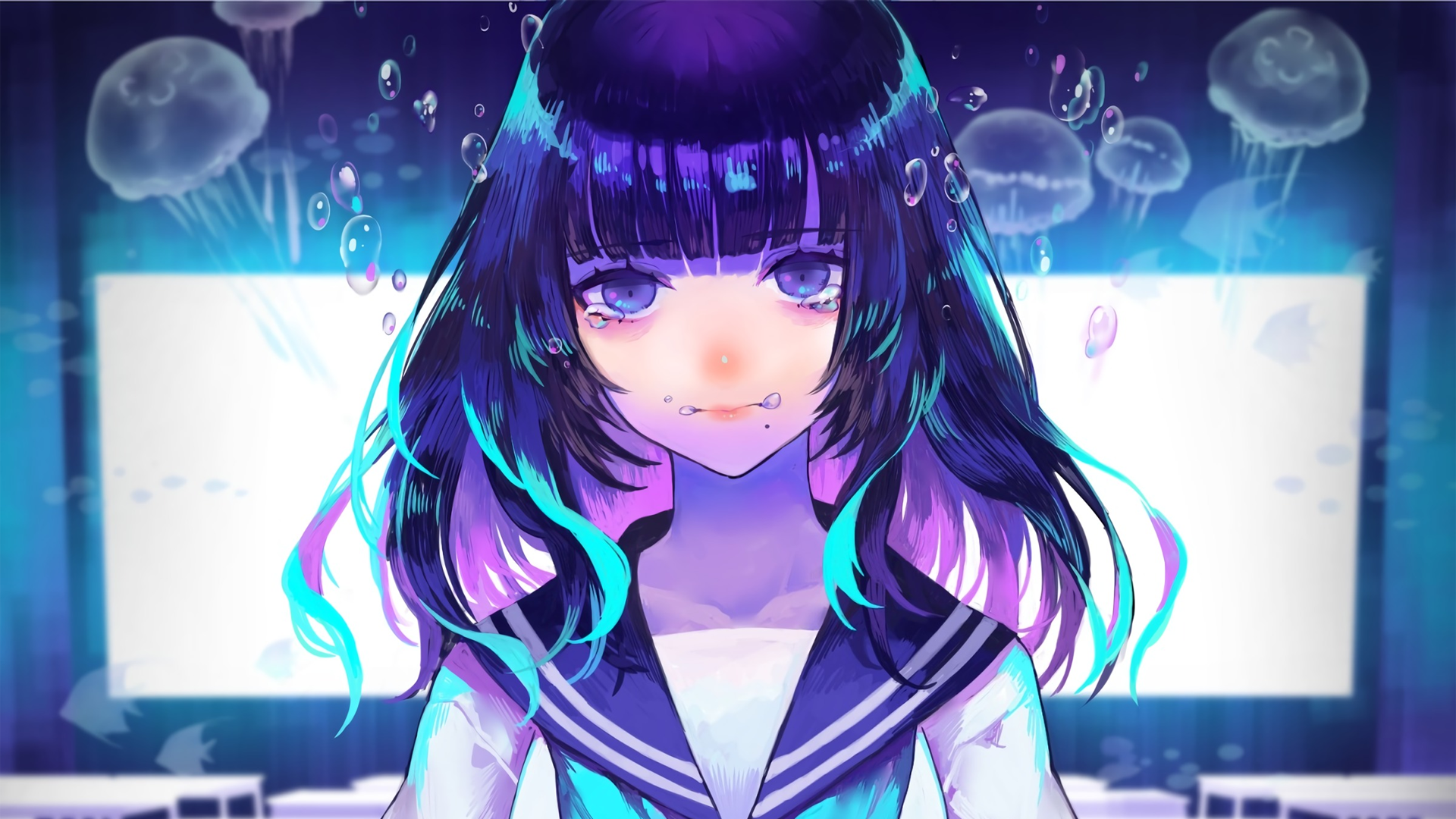 Anime girl in sailor uniform crying underwater with jellyfish HD Wallpaper