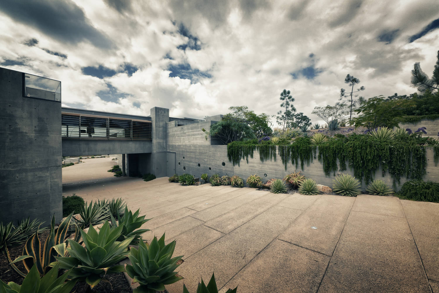 Modern concrete house with succulent plants and cloudy sky HD Wallpaper