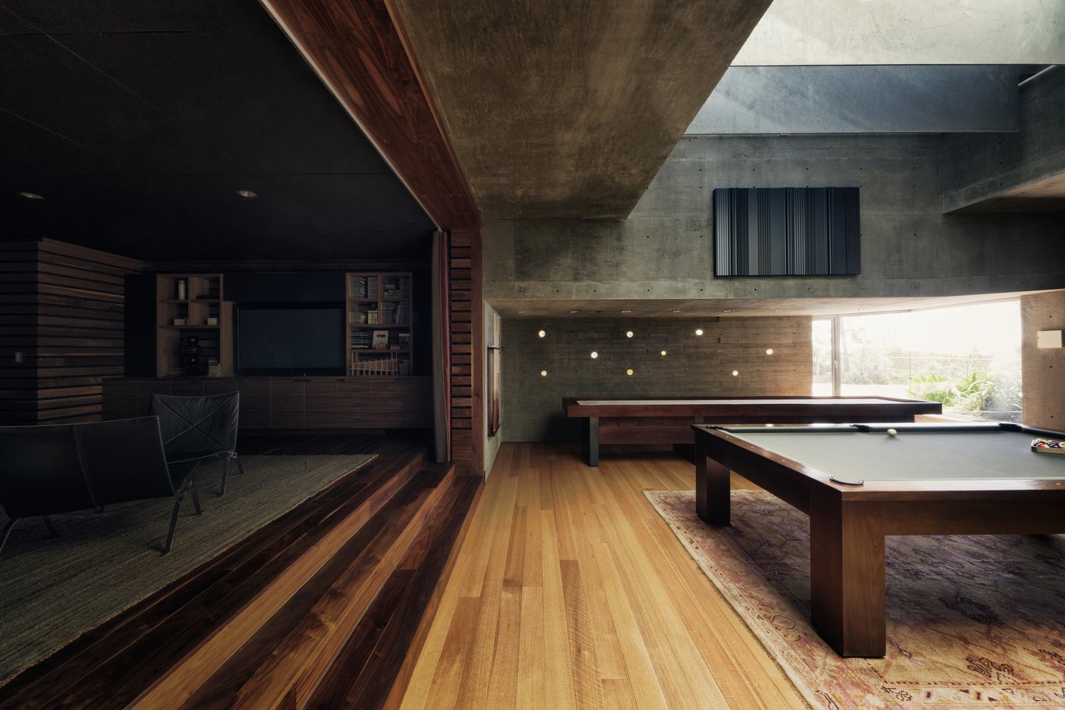 Modern interior with pool tables and lounge area HD Wallpaper
