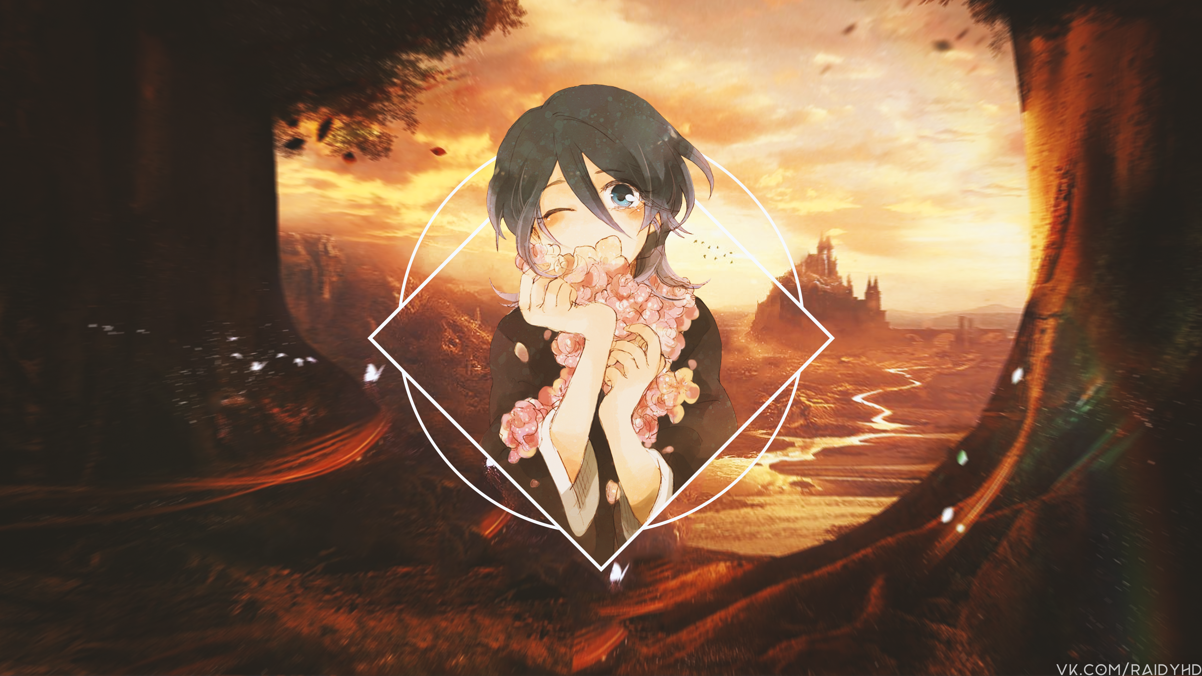 Anime girl with flowers in fantasy landscape HD Wallpaper