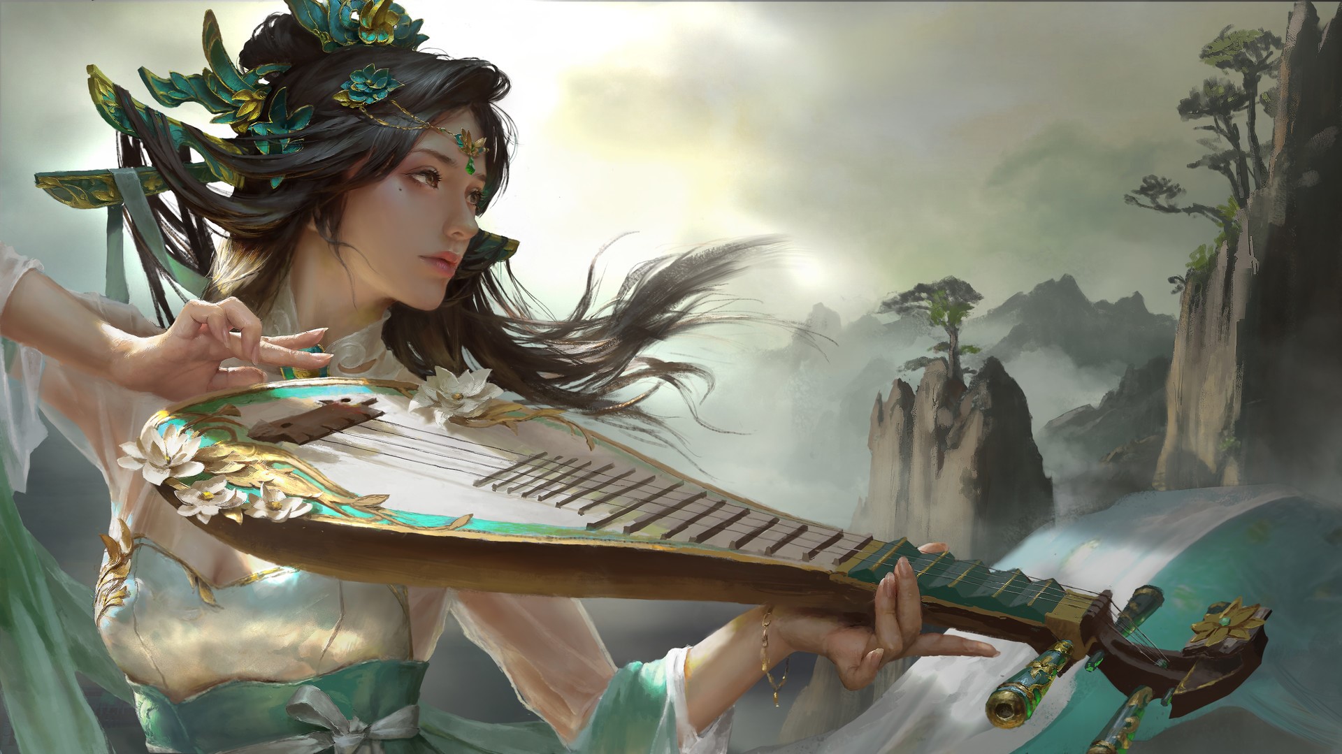 Fantasy girl playing a traditional Chinese instrument HD Wallpaper