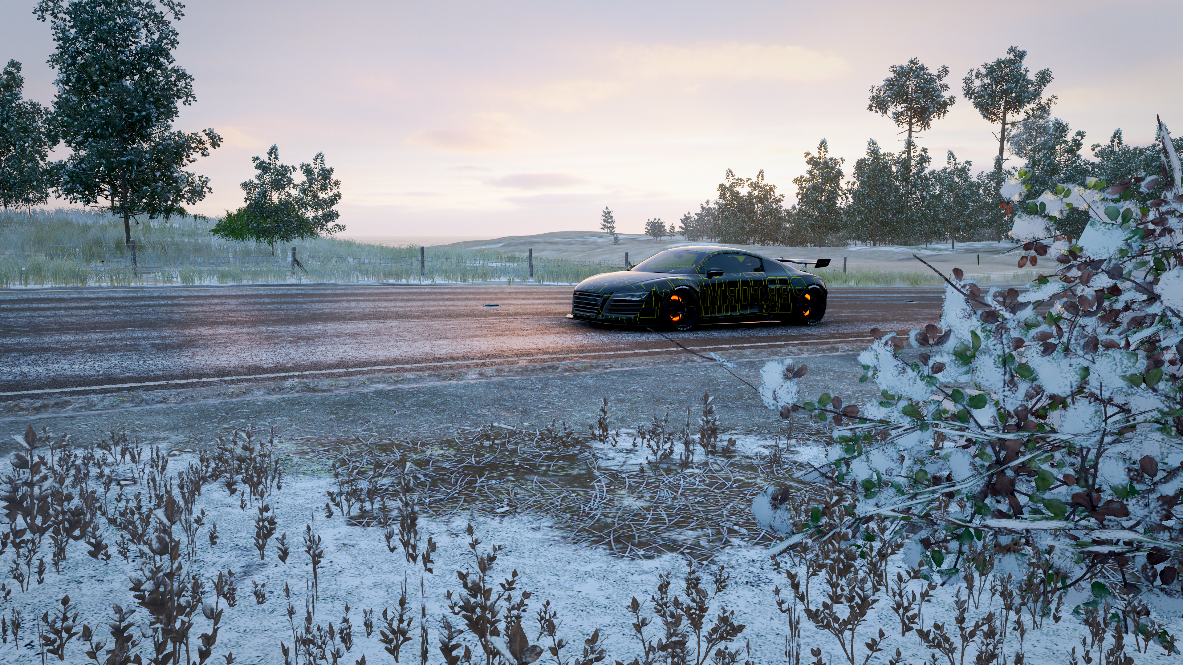 Audi R8 GT with brake glow on a snowy road HD Wallpaper
