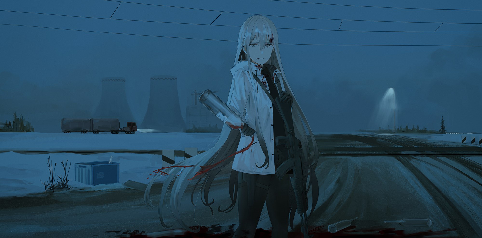 Anime girl with gun and bottle near nuclear power plant HD Wallpaper