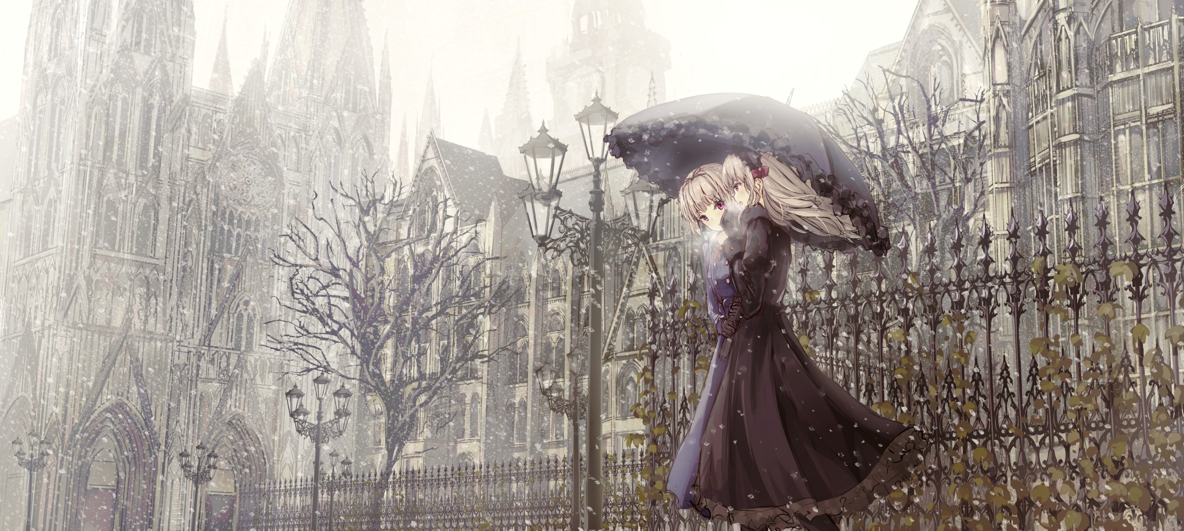 Anime girl with umbrella in snowy city HD Wallpaper