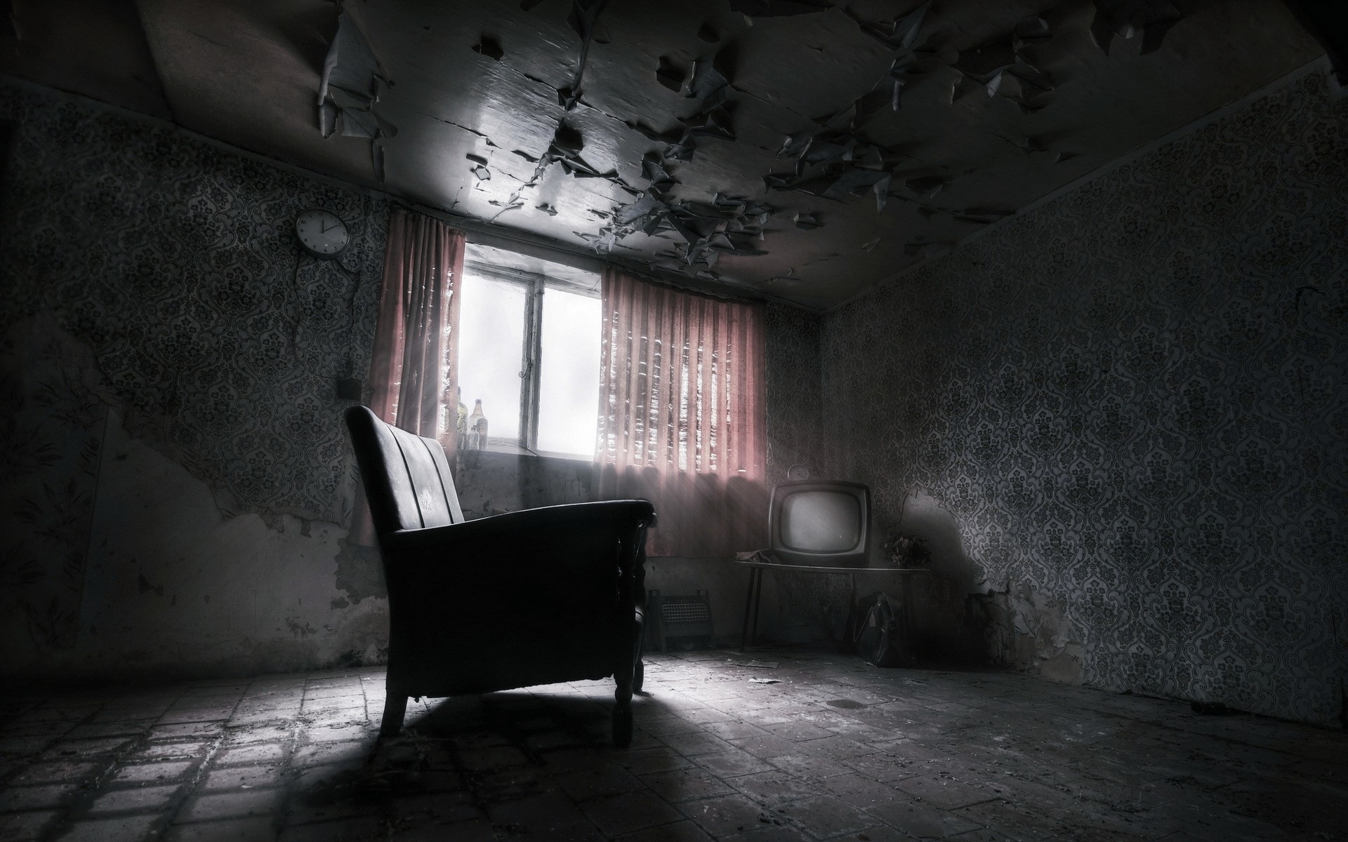 Abandoned room with armchair and vintage TV HD Wallpaper