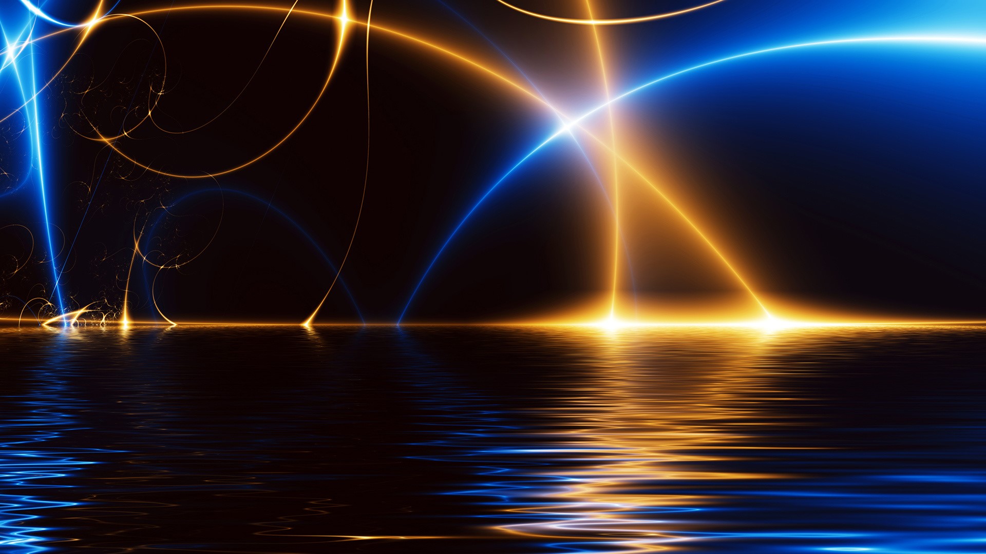 Abstract blue and orange glowing lines reflected in water HD Wallpaper
