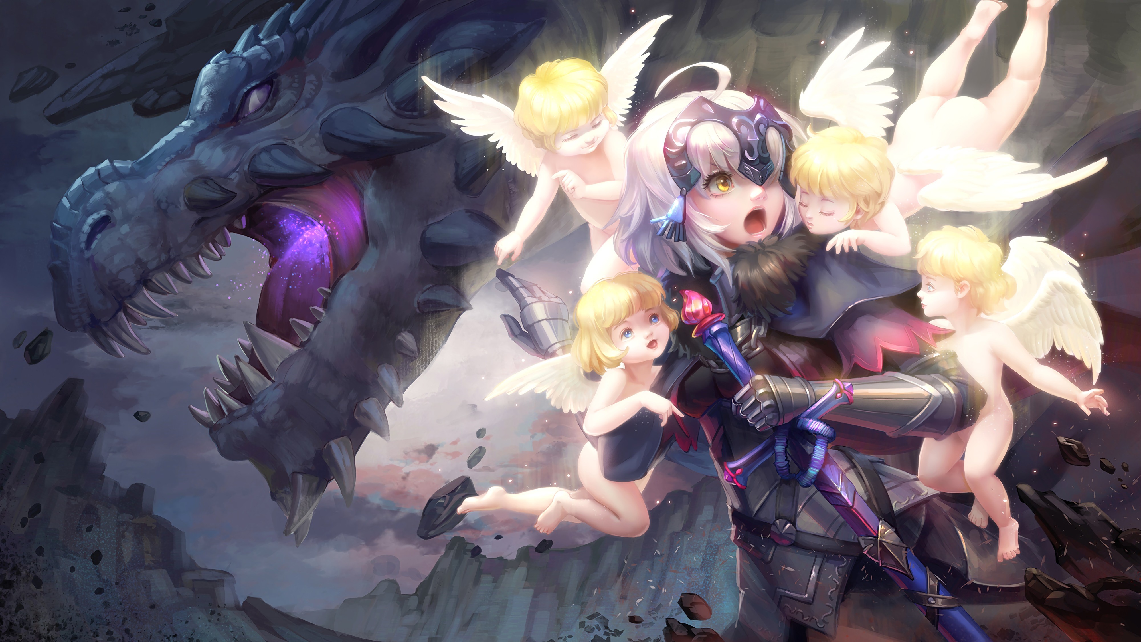 Jeanne d'Arc (Alter) from Fate/Grand Order with Angels and Dragon HD Wallpaper