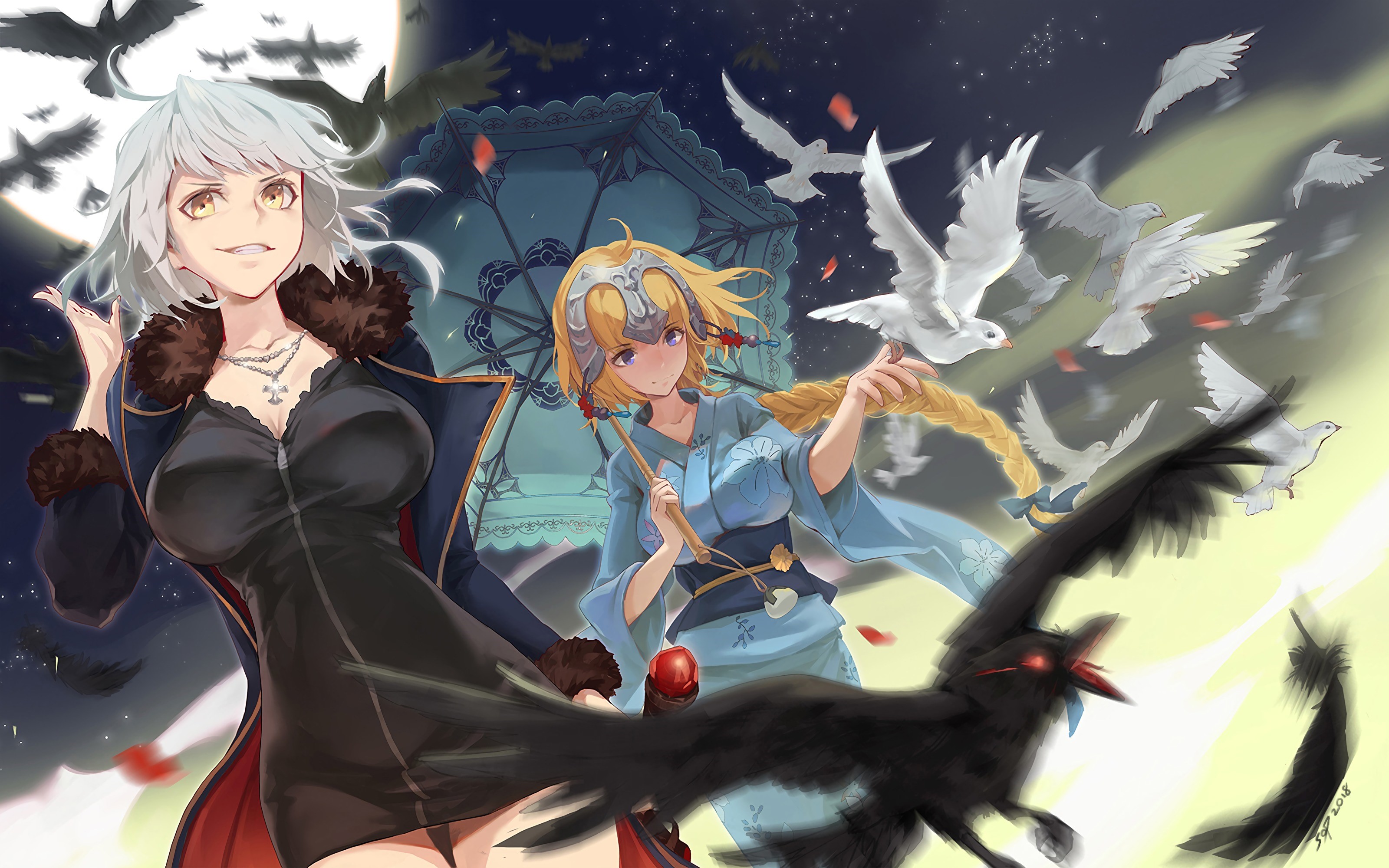 Jeanne d'Arc and Jeanne (Alter) from Fate/Grand Order with birds HD Wallpaper